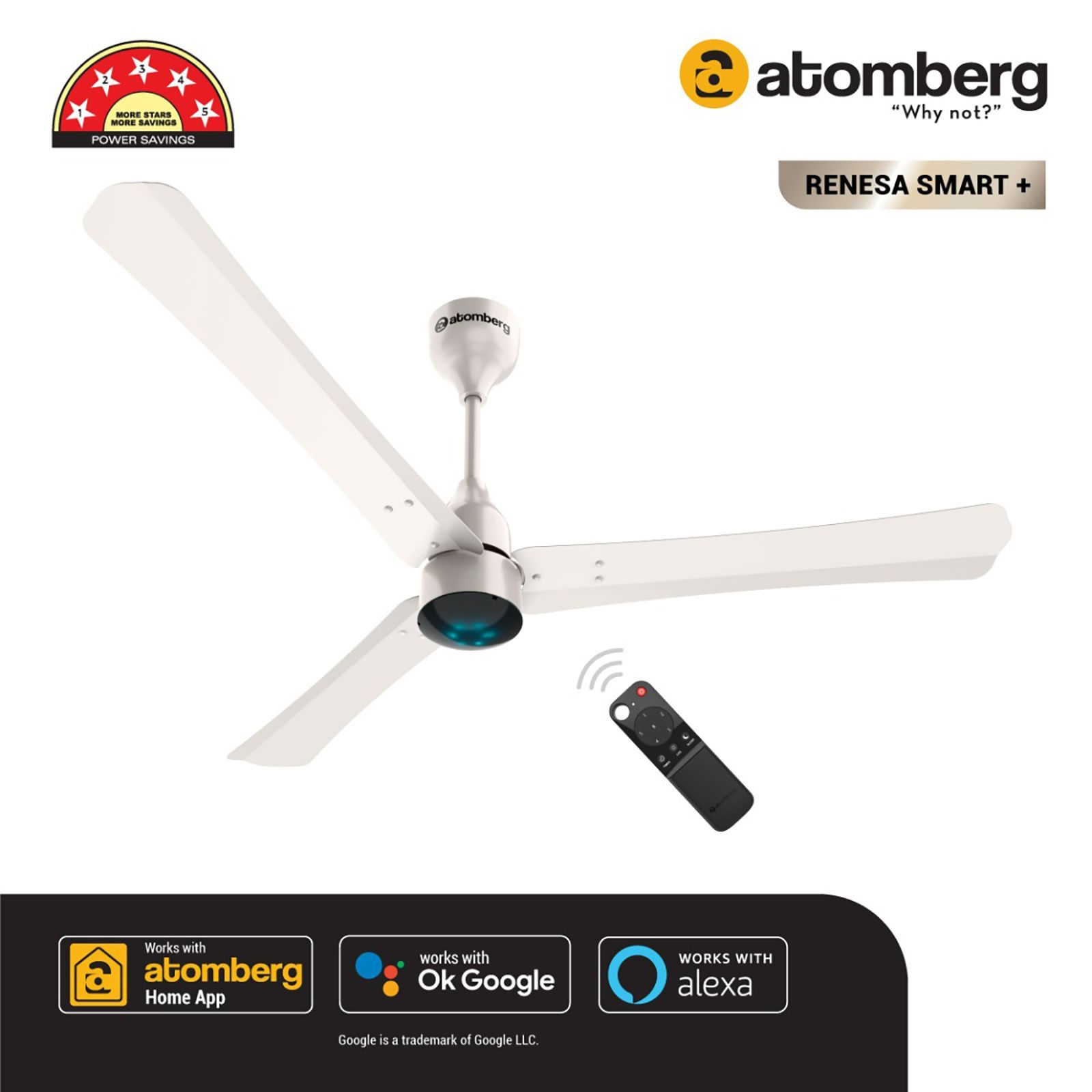 atomberg Renesa Smart+ 5 Star 1200mm 3 Blade BLDC Motor Smart Ceiling Fan with Remote (Alexa & Google Assistant, Pearl White)_8