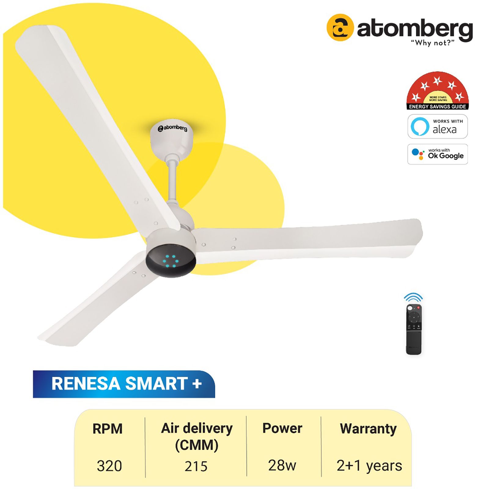atomberg Renesa Smart+ 5 Star 1200mm 3 Blade BLDC Motor Smart Ceiling Fan with Remote (Alexa & Google Assistant, Pearl White)_7