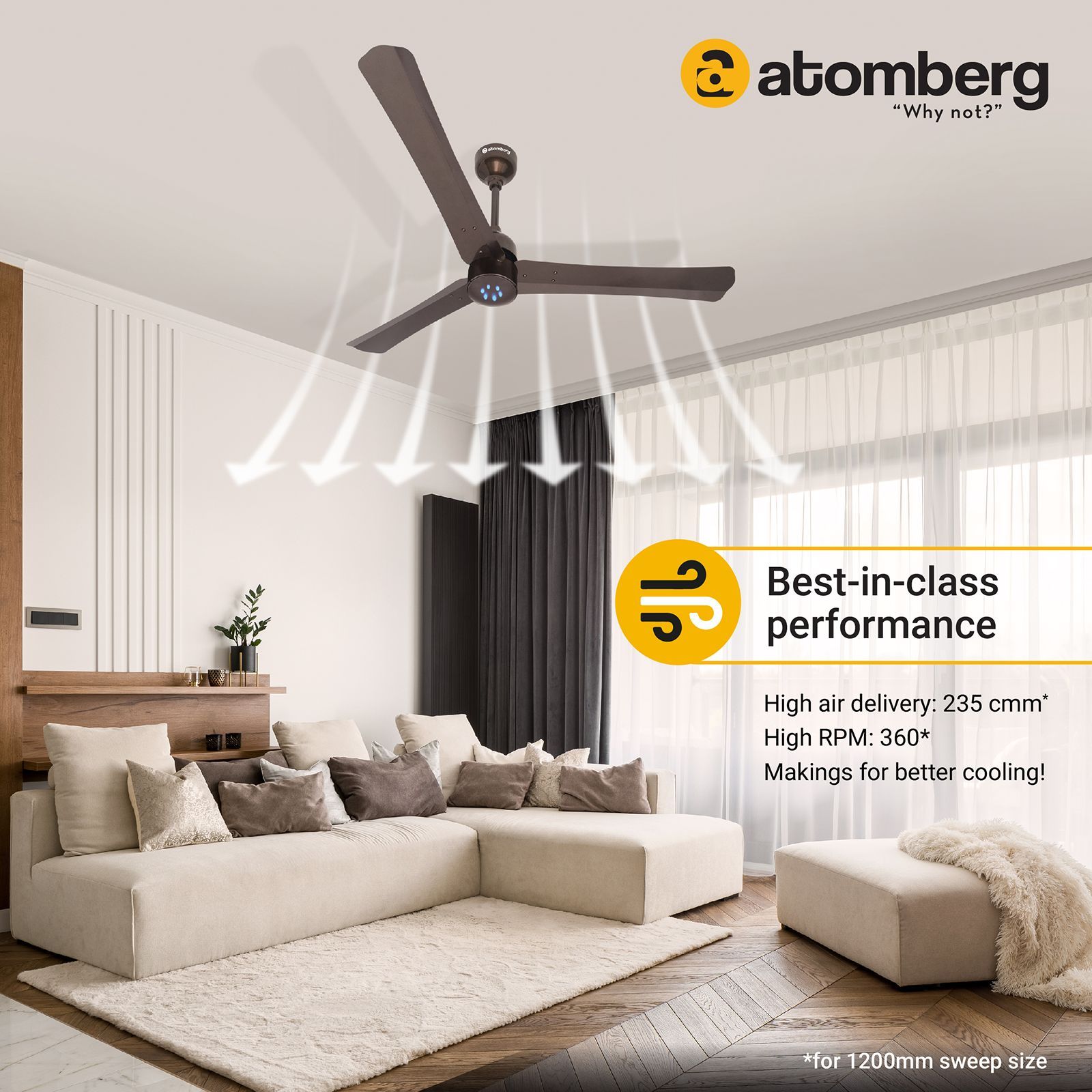 atomberg Renesa Smart+ 5 Star 1200mm 3 Blade BLDC Motor Smart Ceiling Fan with Remote (Alexa & Google Assistant, Earth Brown)_9