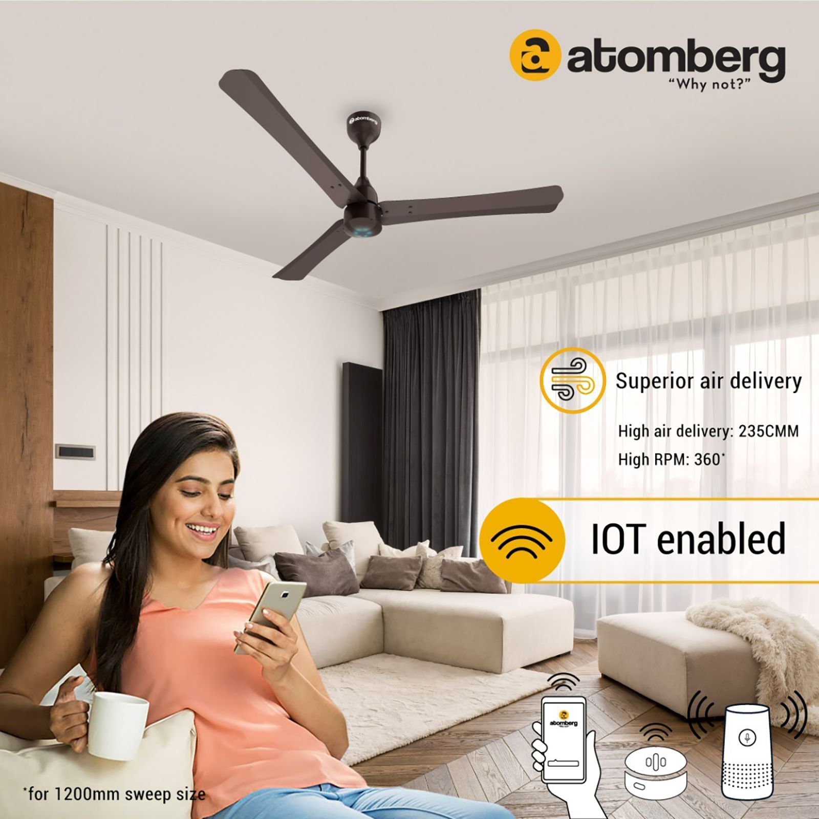 atomberg Renesa Smart+ 5 Star 1200mm 3 Blade BLDC Motor Smart Ceiling Fan with Remote (Alexa & Google Assistant, Earth Brown)_6