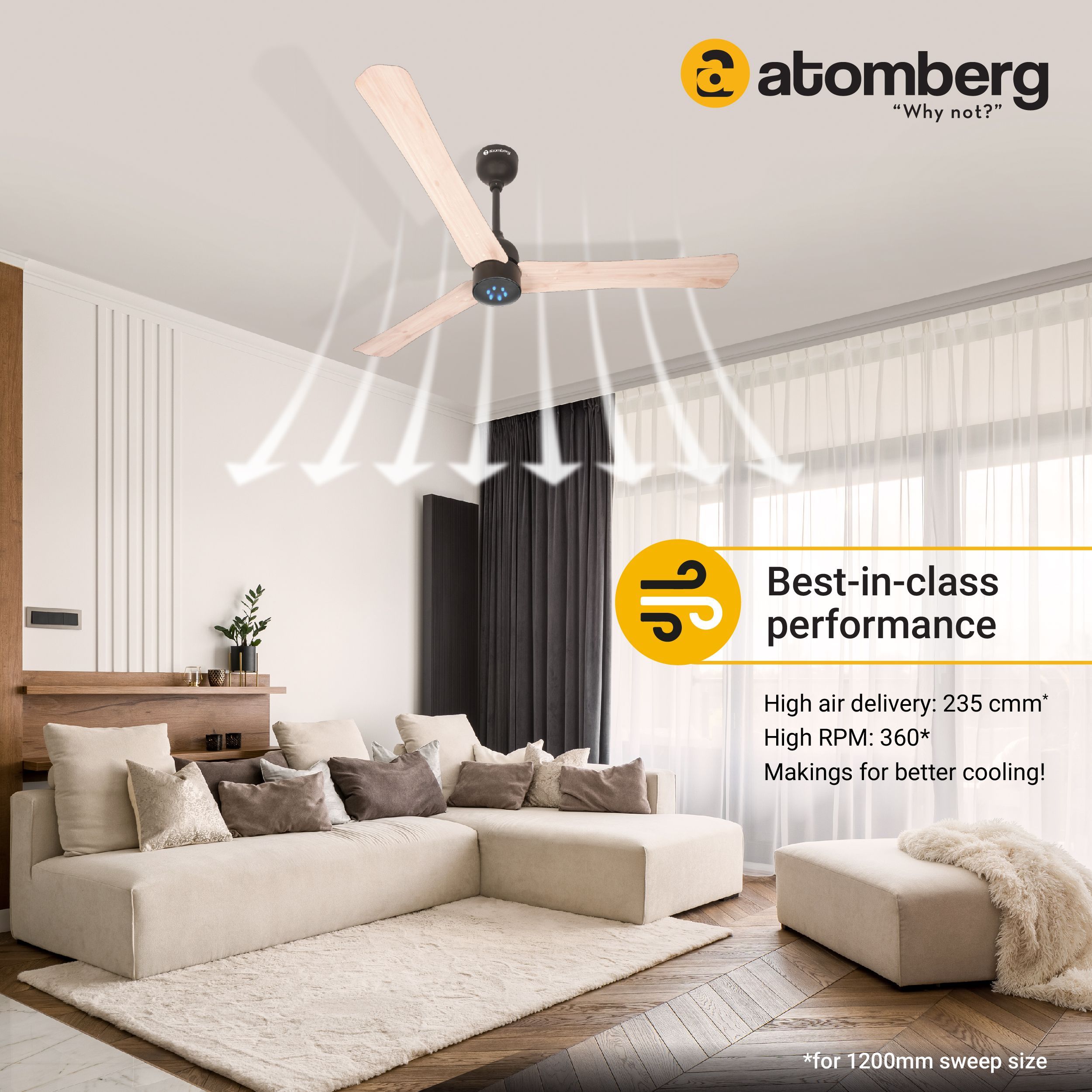 atomberg Renesa Smart Plus 1200mm 3 Blade BLDC Motor Ceiling Fan with Remote (LED Indicators, Natural Oak Wood)_3