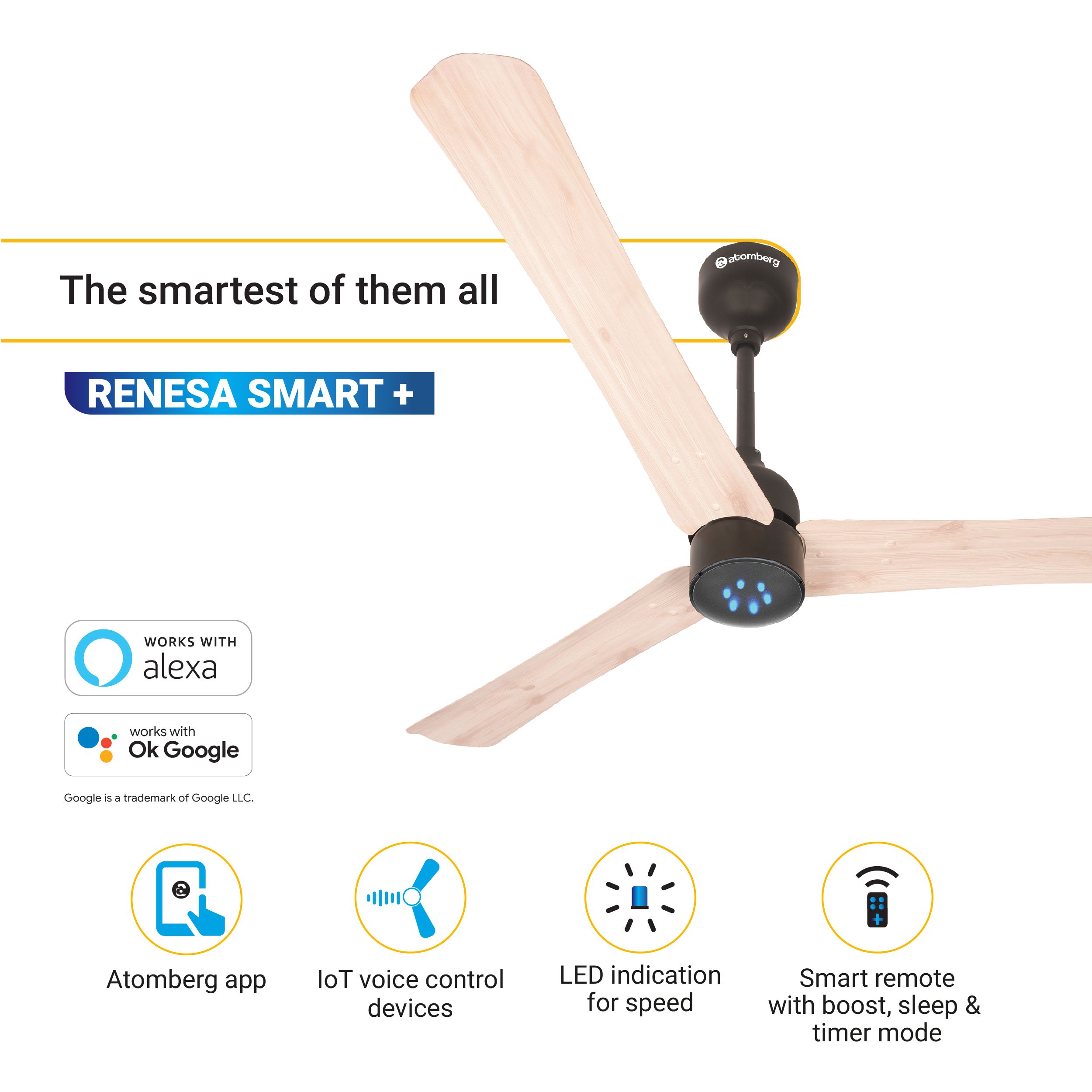 atomberg Renesa Smart Plus 1200mm 3 Blade BLDC Motor Ceiling Fan with Remote (LED Indicators, Natural Oak Wood)_4