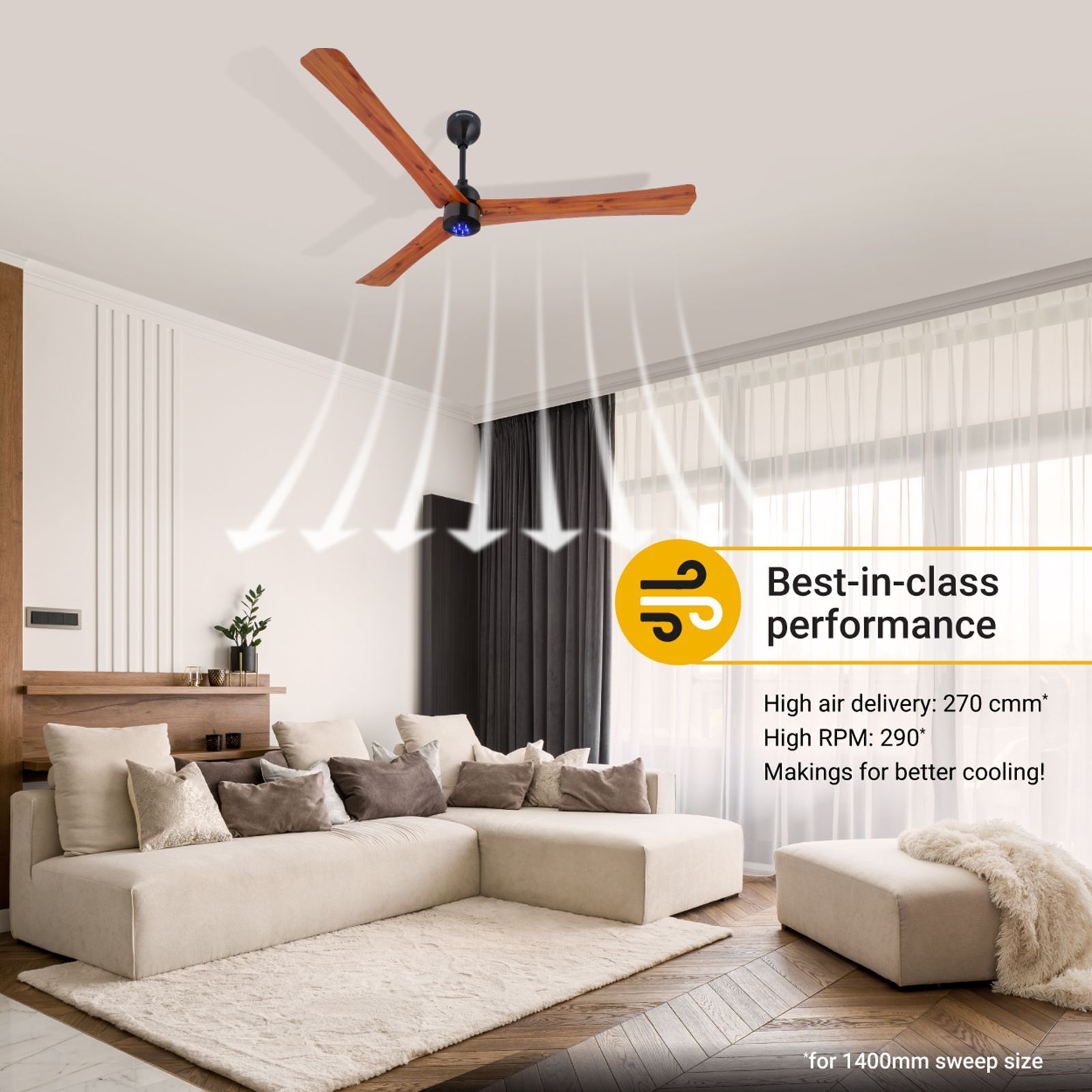 atomberg Renesa+ 5 Star 1400mm 3 Blade BLDC Motor Ceiling Fan with Remote (LED Indicator, Golden Oakwood)_11