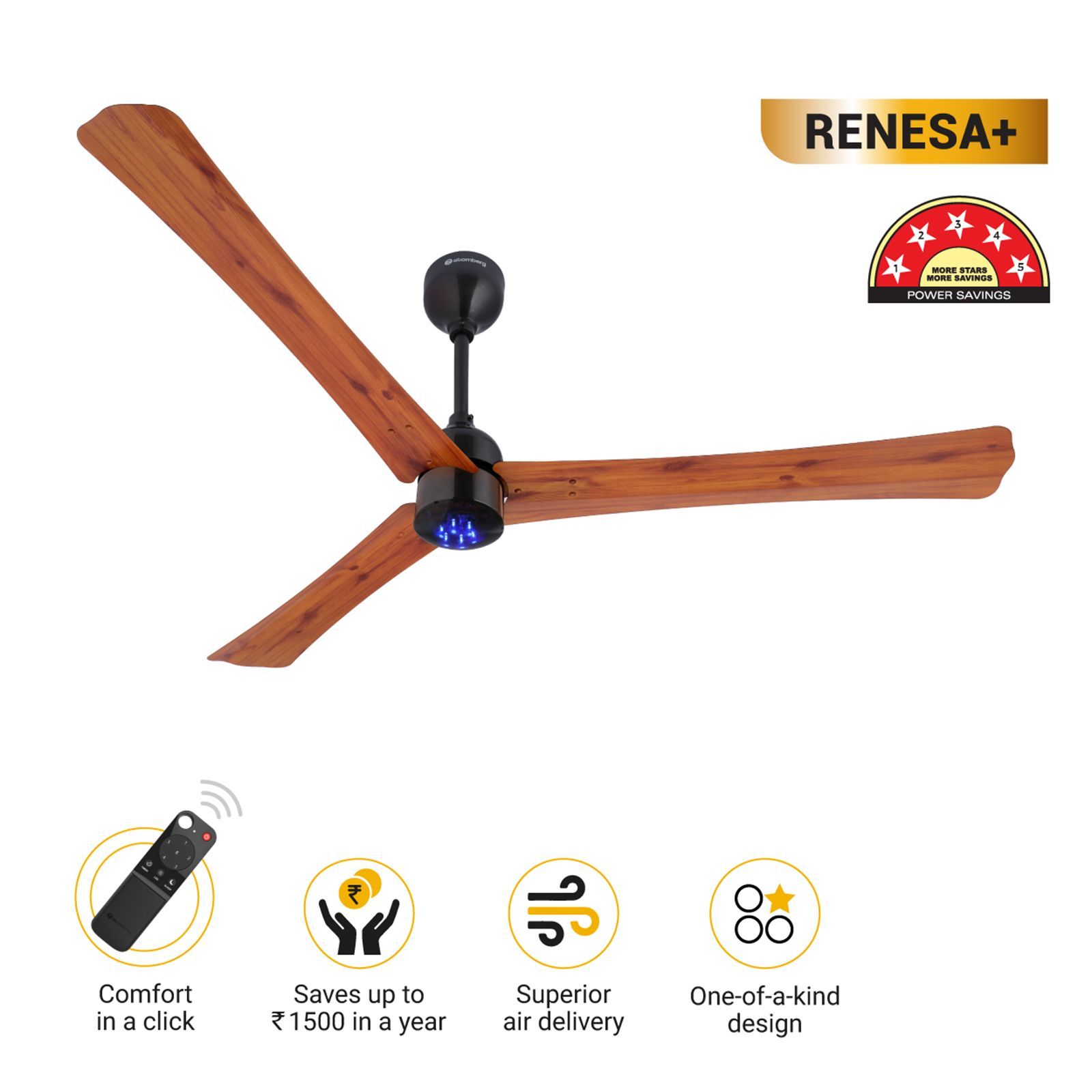atomberg Renesa+ 5 Star 1400mm 3 Blade BLDC Motor Ceiling Fan with Remote (LED Indicator, Golden Oakwood)_12