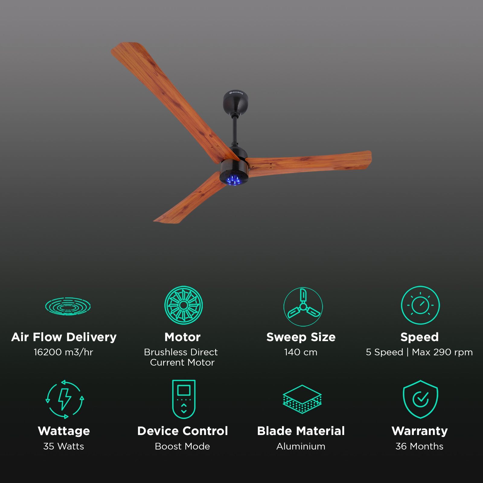 atomberg Renesa+ 5 Star 1400mm 3 Blade BLDC Motor Ceiling Fan with Remote (LED Indicator, Golden Oakwood)_3