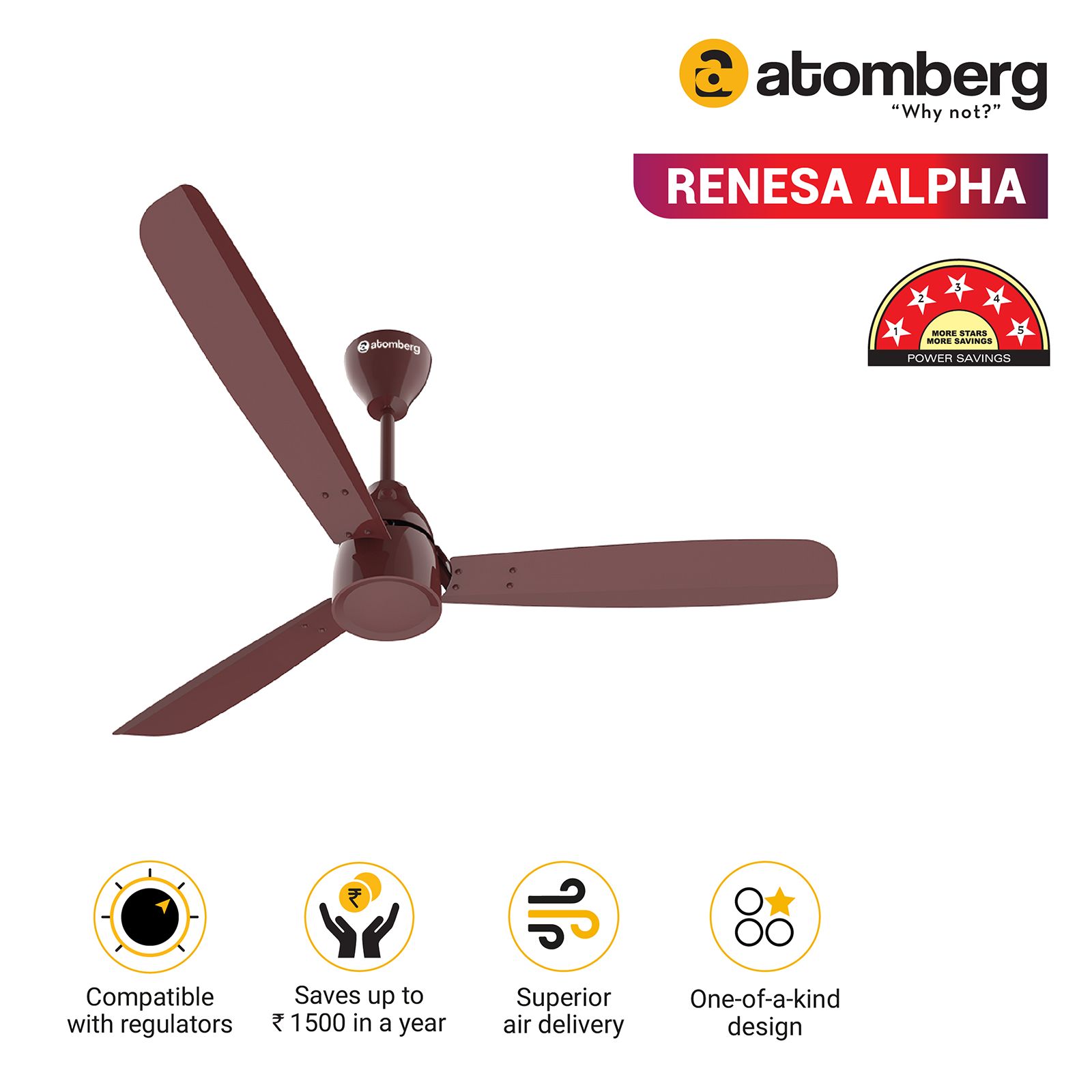atomberg Renesa Alpha 5 Star 1200mm 3 Blade BLDC Motor Ceiling Fan (AtomSense Algorithm, Brown)_7