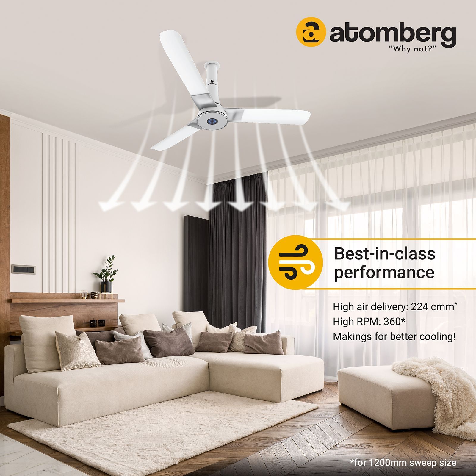 atomberg Studio Plus 5 Star 1200mm 3 Blade BLDC Motor Ceiling Fan with Remote (LED Indicator, Marble White)_12