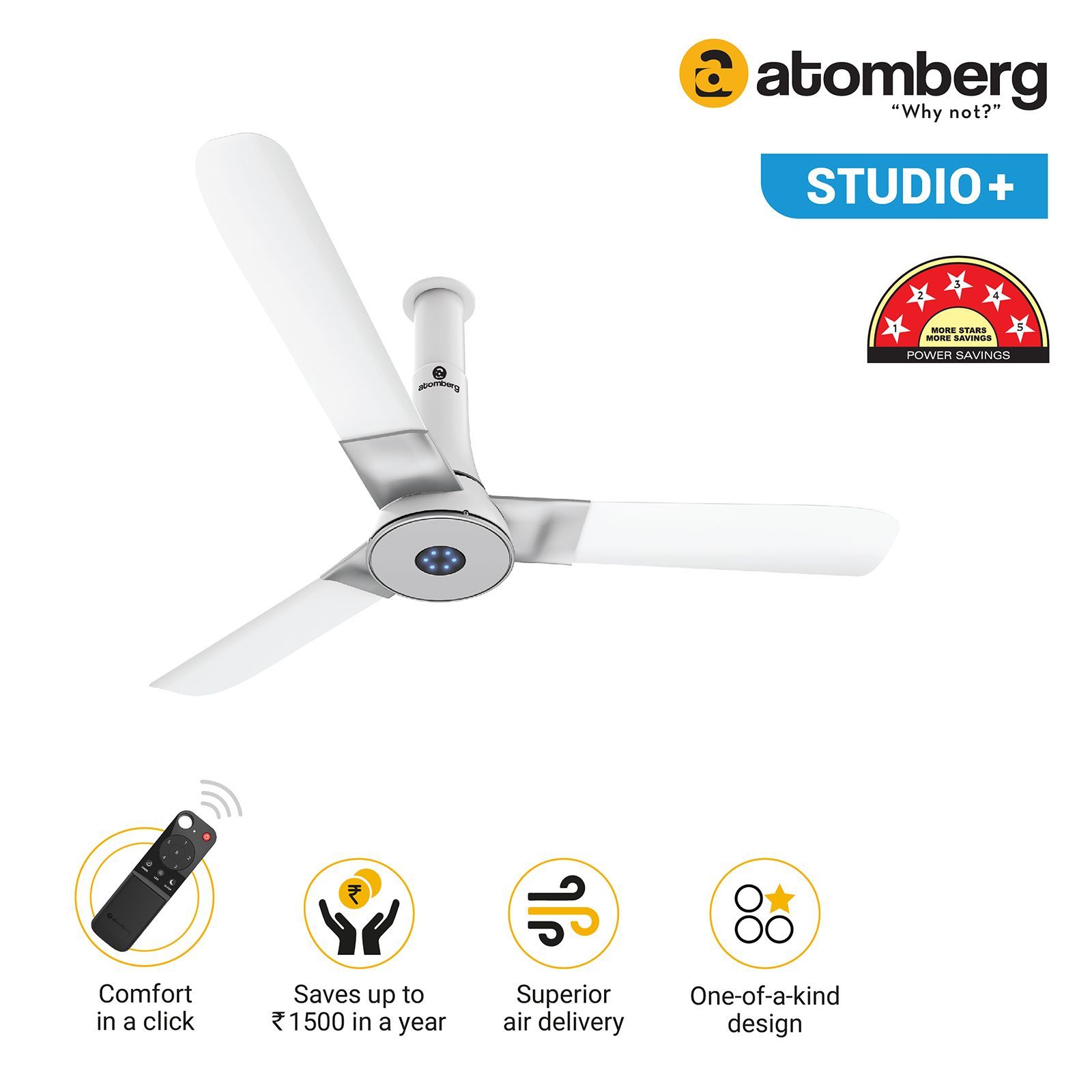 atomberg Studio Plus 5 Star 1200mm 3 Blade BLDC Motor Ceiling Fan with Remote (LED Indicator, Marble White)_6