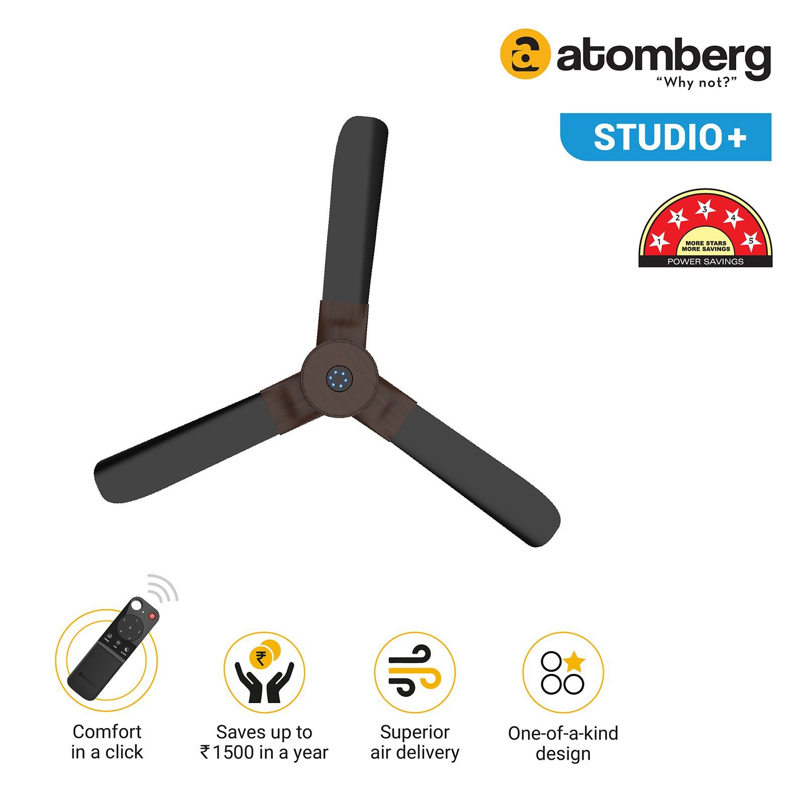 atomberg Studio Plus 5 Star 1200mm 3 Blade BLDC Motor Ceiling Fan with Remote (LED Indicator, Earth Brown)_12