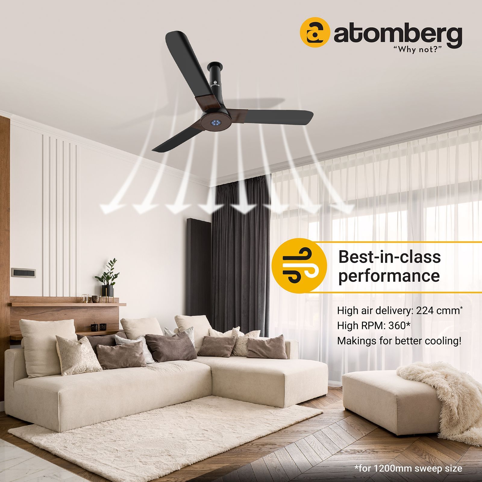 atomberg Studio Plus 5 Star 1200mm 3 Blade BLDC Motor Ceiling Fan with Remote (LED Indicator, Earth Brown)_13