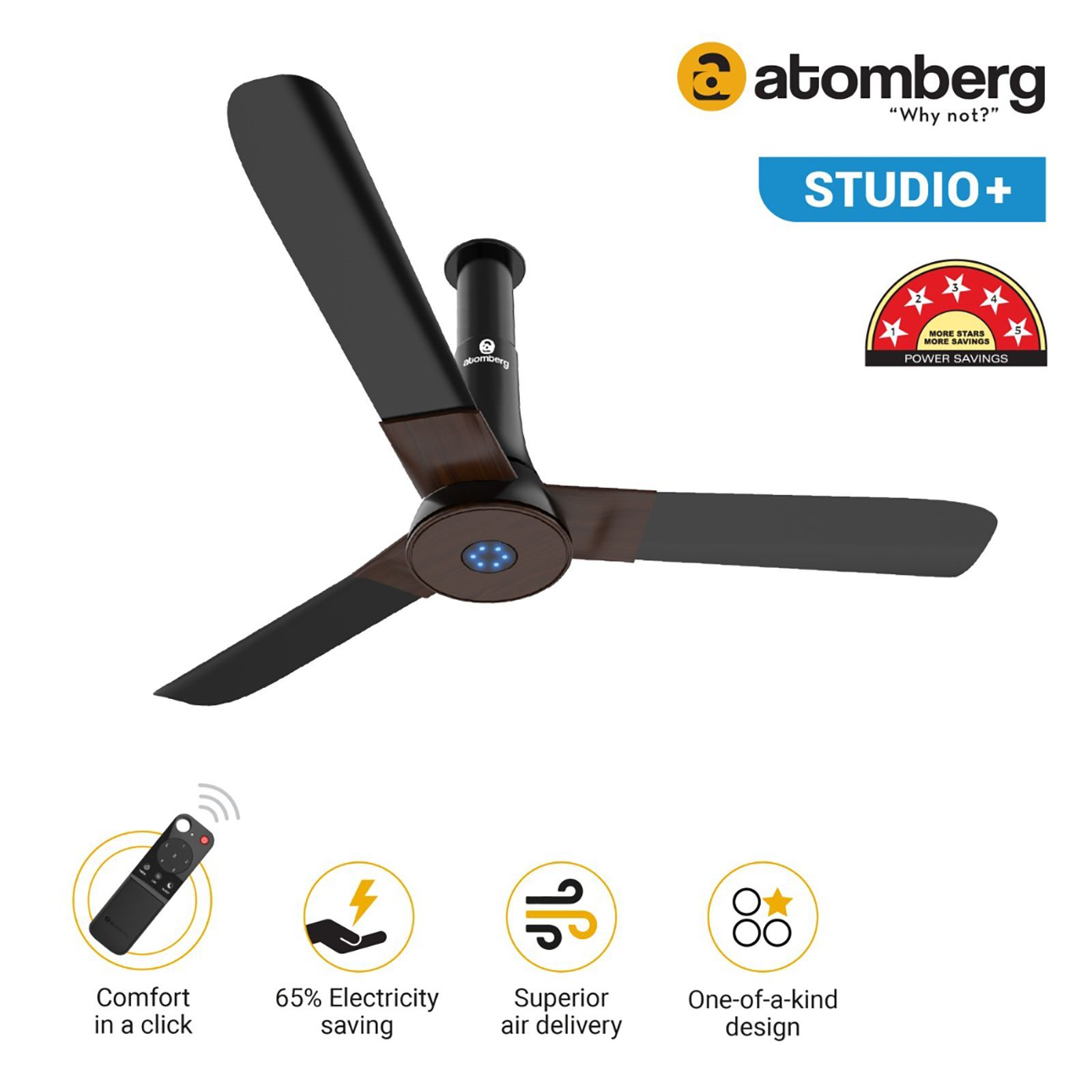 atomberg Studio Plus 5 Star 1200mm 3 Blade BLDC Motor Ceiling Fan with Remote (LED Indicator, Earth Brown)_6