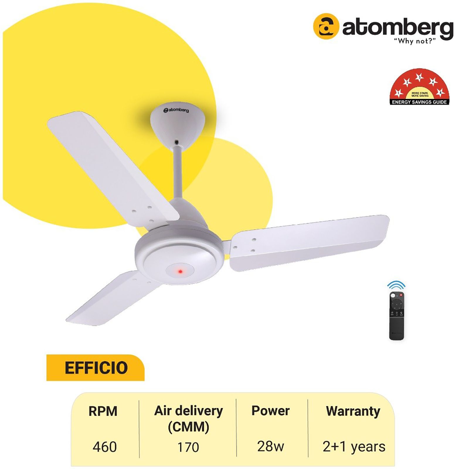 atomberg Efficio 5 Star 900mm 3 Blade BLDC Motor Ceiling Fan with Remote (LED Indicator, White)_6