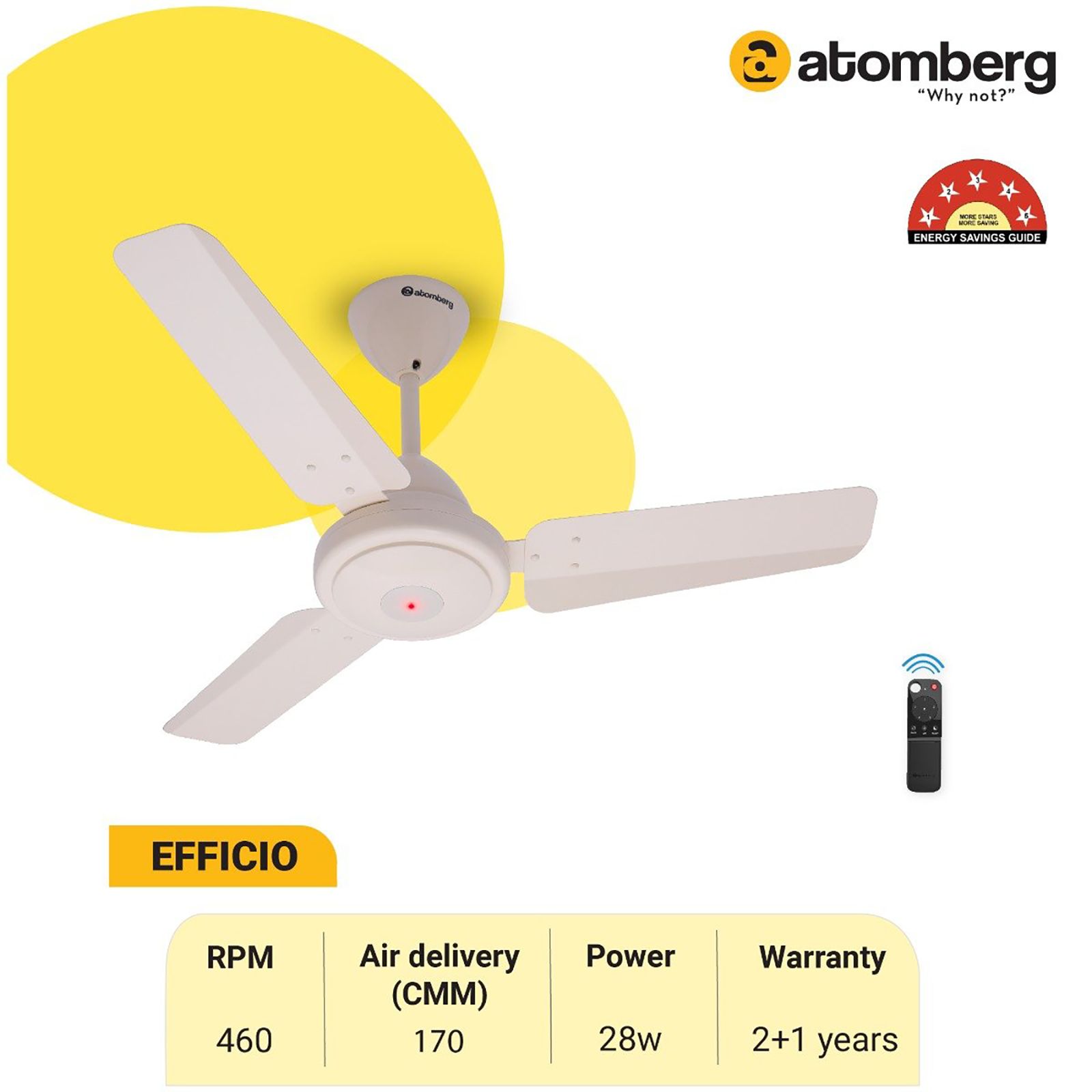 atomberg Efficio 5 Star 900mm 3 Blade BLDC Motor Ceiling Fan with Remote (LED Indicator, Ivory)_5
