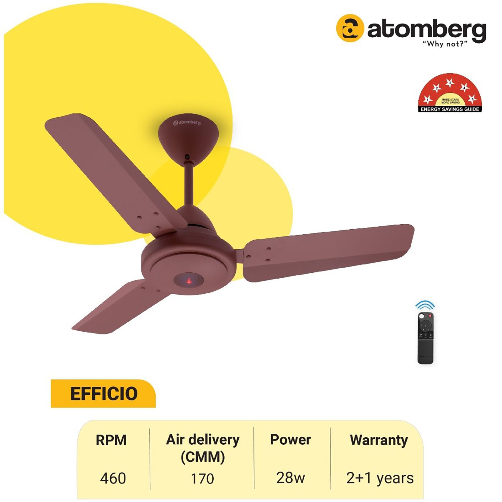 atomberg Efficio 5 Star 900mm 3 Blade BLDC Motor Ceiling Fan with Remote (LED Indicator, Matt Brown)_10