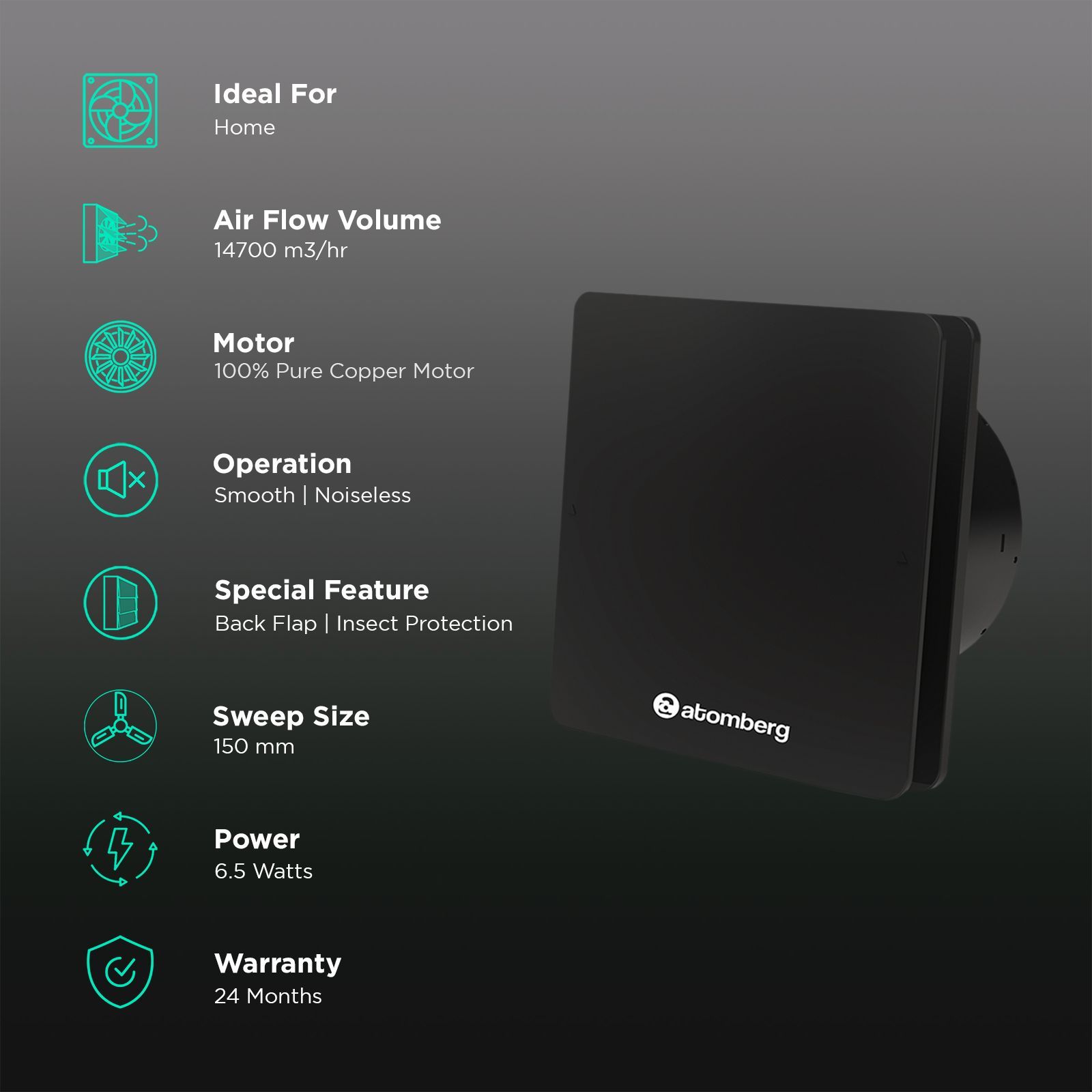 atomberg Studio 6 Inch 150mm Exhaust Fan with BLDC Motor (Double Ball Bearings, Black)_3