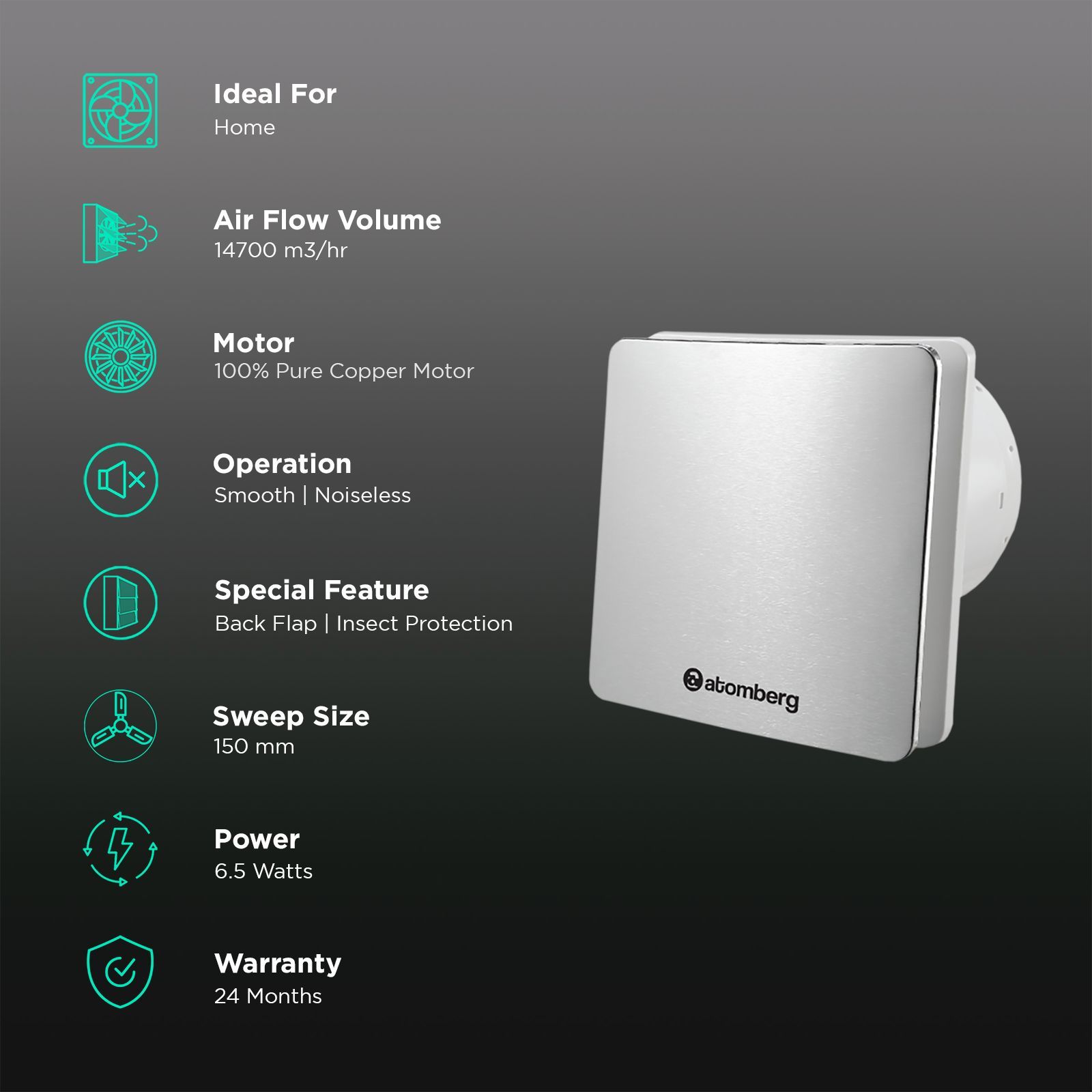 atomberg Studio 6 Inch 150mm Exhaust Fan with BLDC Motor (Double Ball Bearings, Stainless Steel)_3