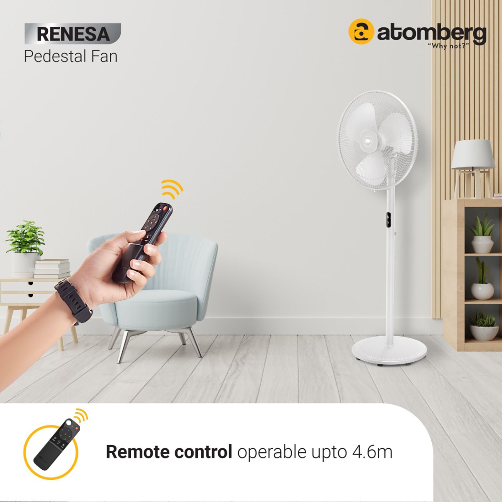 atomberg Renesa 5 Star 400mm 3 Blade BLDC Motor Pedestal Fan with Remote (Oscillation Function, White)_12