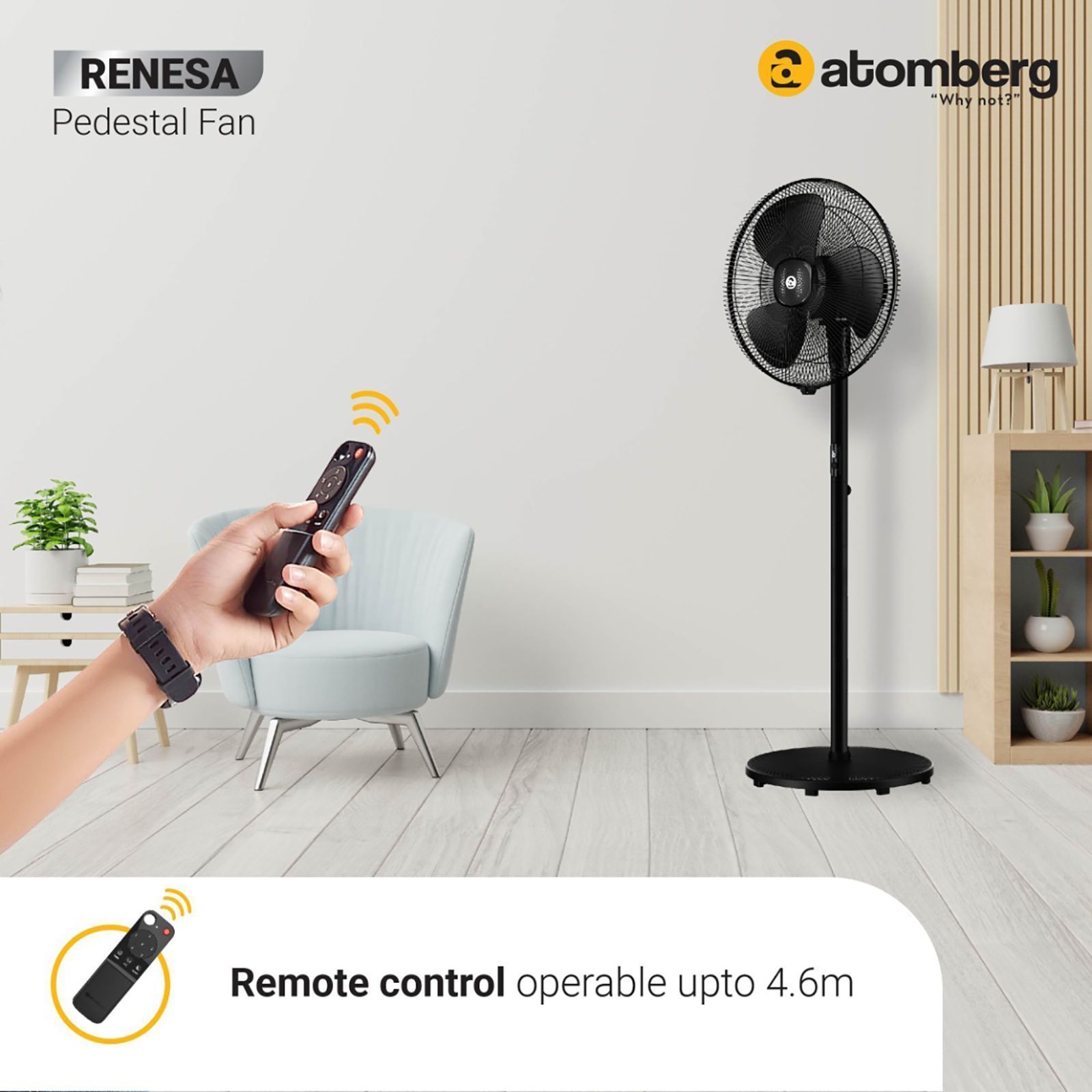 atomberg Renesa 5 Star 400mm 3 Blade BLDC Motor Pedestal Fan with Remote (Oscillation Function, Black)_7