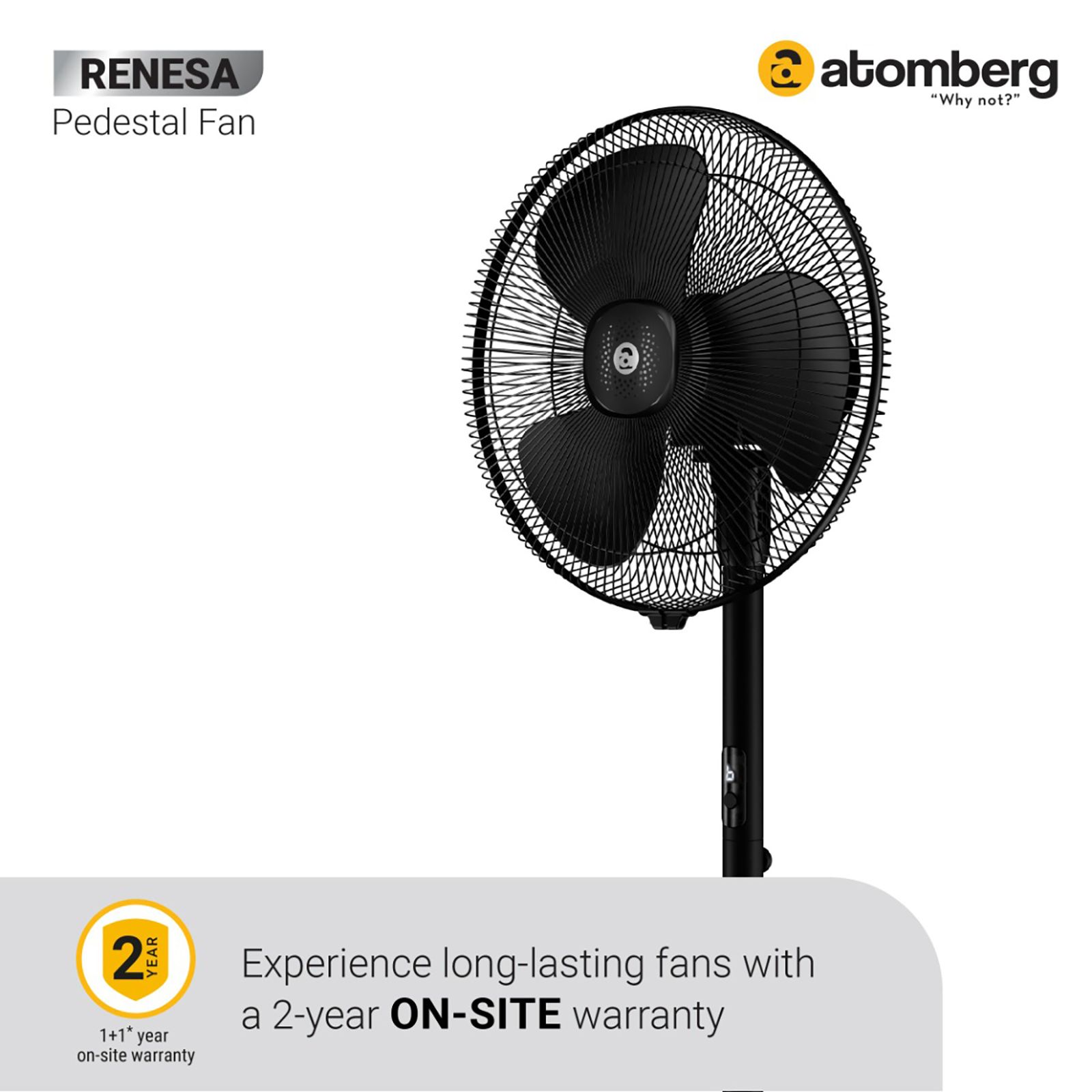 atomberg Renesa 5 Star 400mm 3 Blade BLDC Motor Pedestal Fan with Remote (Oscillation Function, Black)_4