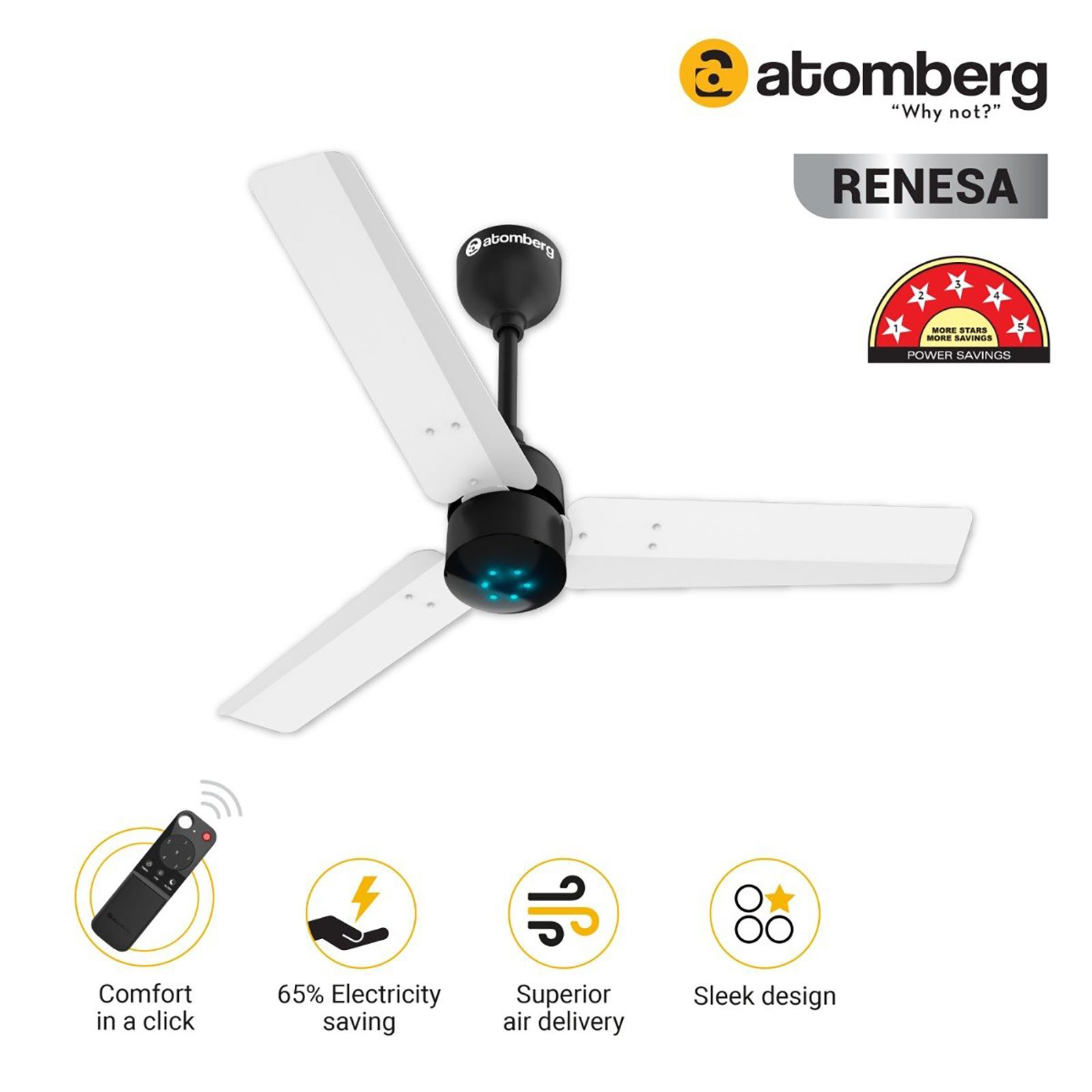atomberg Renesa 5 Star 900mm 3 Blade BLDC Motor Ceiling Fan with Remote (LED Indicator, White & Black)_10