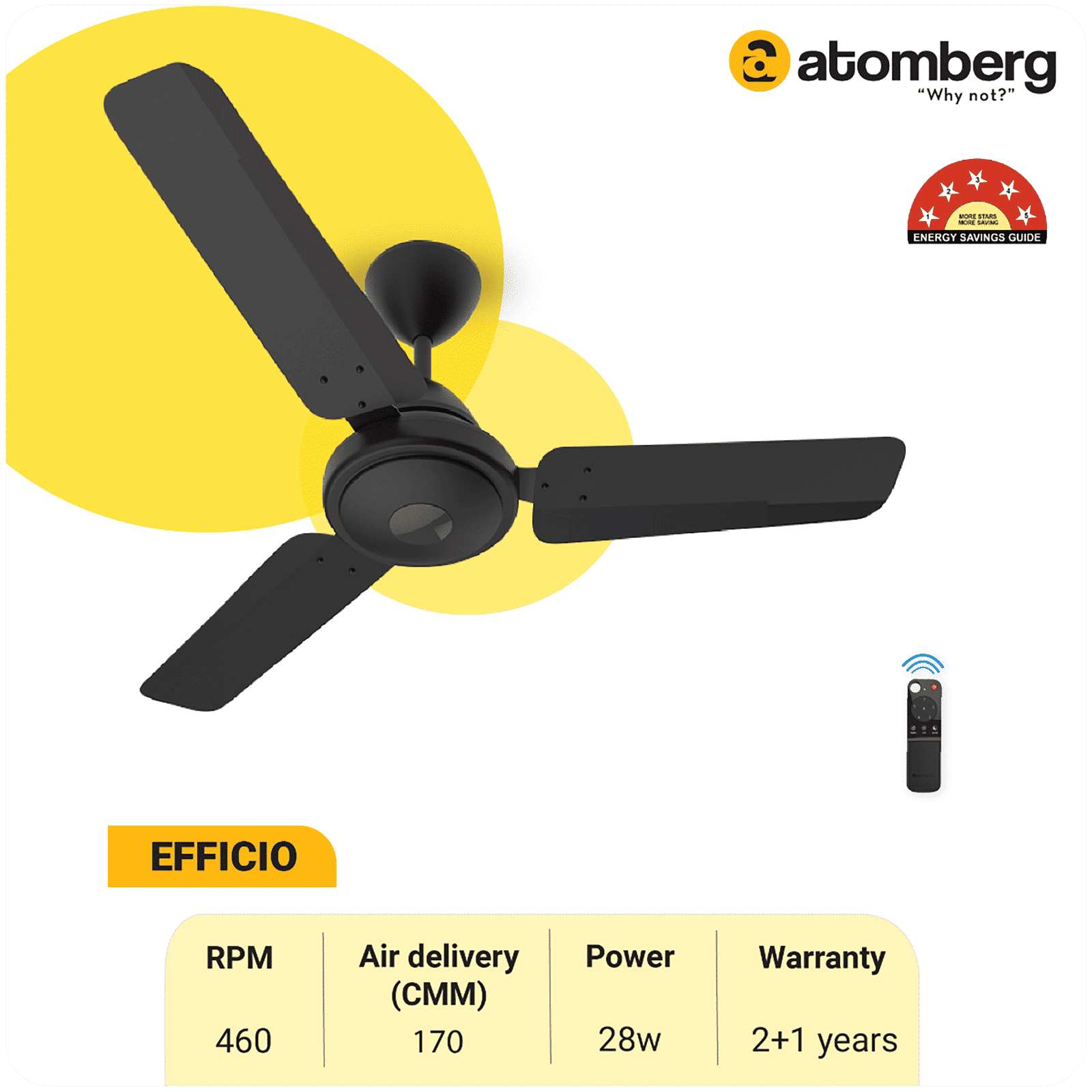 atomberg Efficio 5 Star 900mm 3 Blade BLDC Motor Ceiling Fan with Remote (LED Indicator, Matt Black)_7