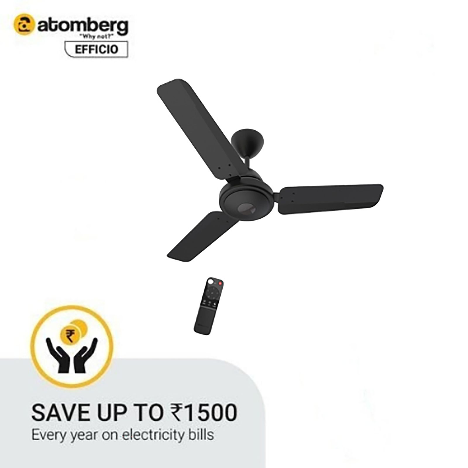 atomberg Efficio 5 Star 900mm 3 Blade BLDC Motor Ceiling Fan with Remote (LED Indicator, Matt Black)_5