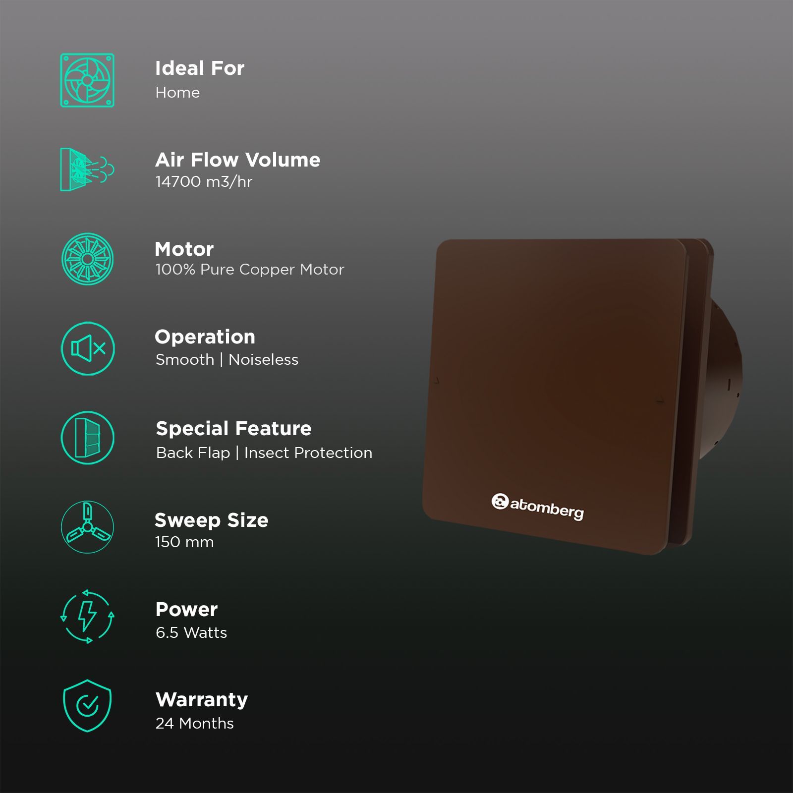 atomberg Studio 6 Inch 150mm Exhaust Fan with BLDC Motor (Double Ball Bearings, Umber Brown)_3