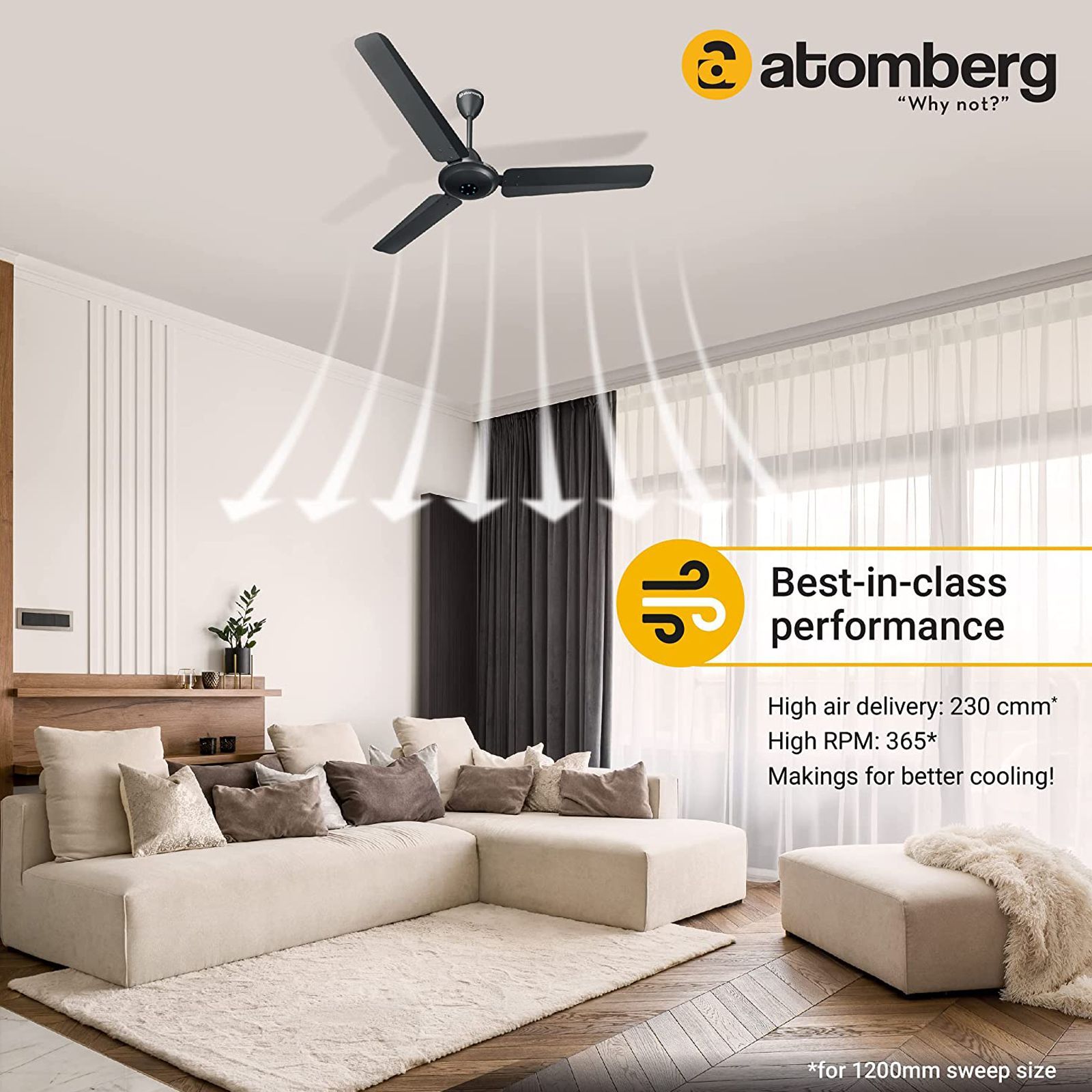 atomberg Ikano 5 Star 1200mm 3 Blade BLDC Motor Ceiling Fan with Remote (LED Speed Indicator, Gloss Black)_6
