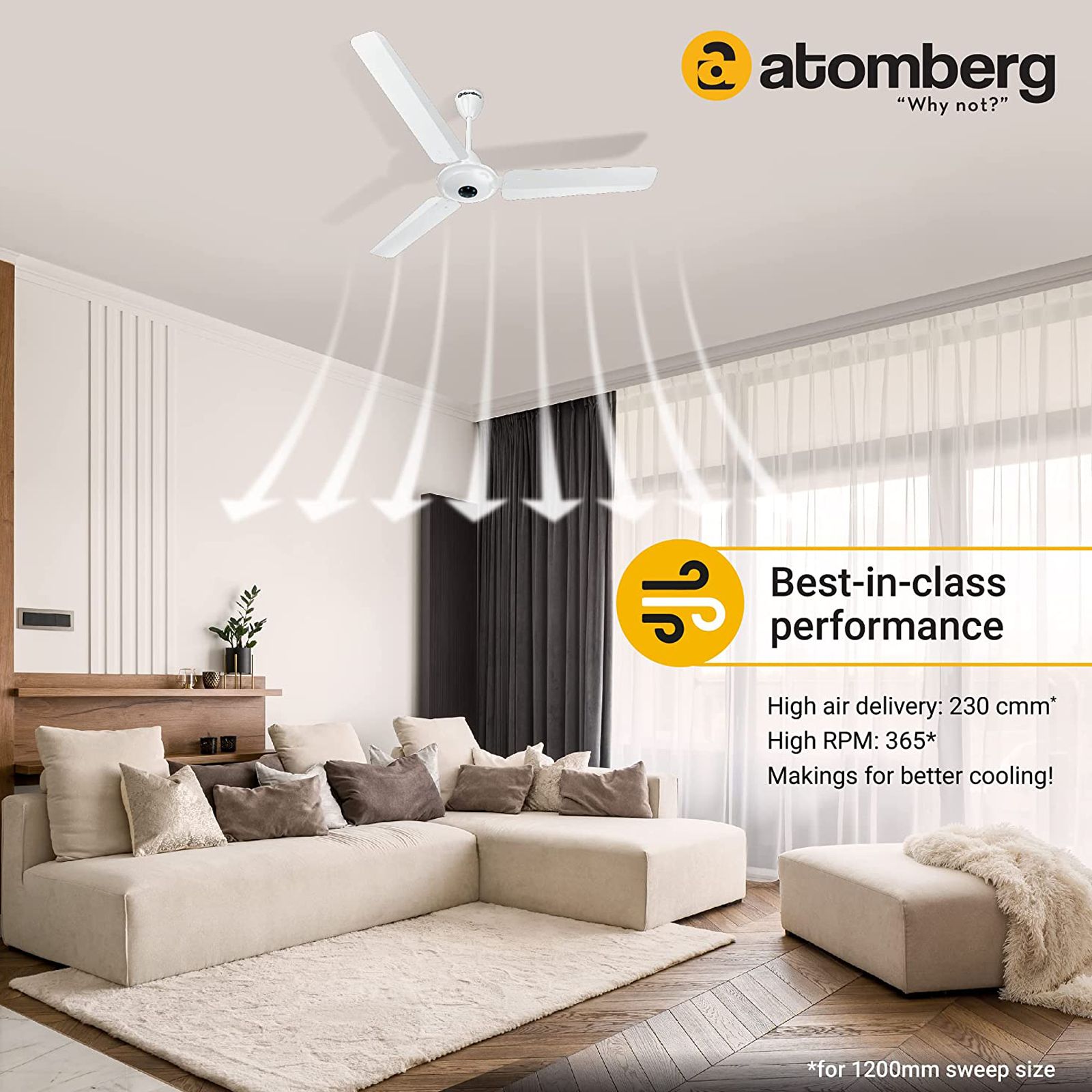 atomberg Ikano 5 Star 1200mm 3 Blade BLDC Motor Ceiling Fan with Remote (LED Speed Indicator, Gloss White)_7