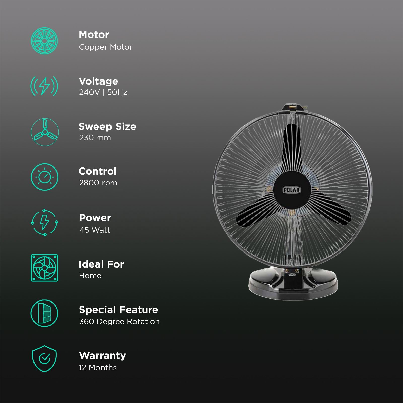 POLAR Stormy Neo 230mm 3 Blade Copper Motor Table Fan (Multi Utility, Black Chrome) POLAR Stormy Neo 230mm 3 Blade Copper Motor Table Fan (Multi Utility, Black Chrome)_3