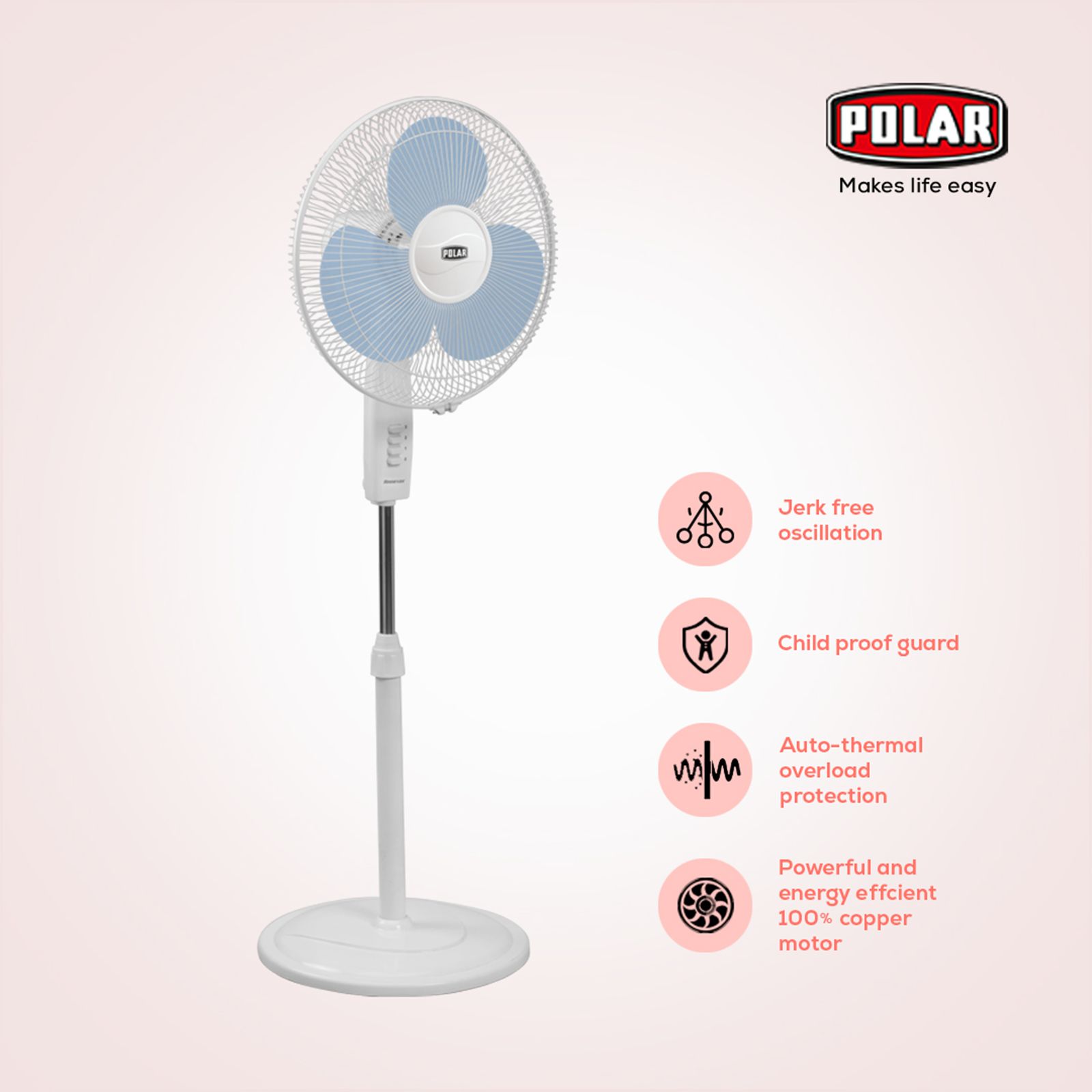 POLAR Annexer 400mm 3 Blade Thermal Overload Protector Pedestal Fan (Jerk Free Oscillation, White & Blue)_11