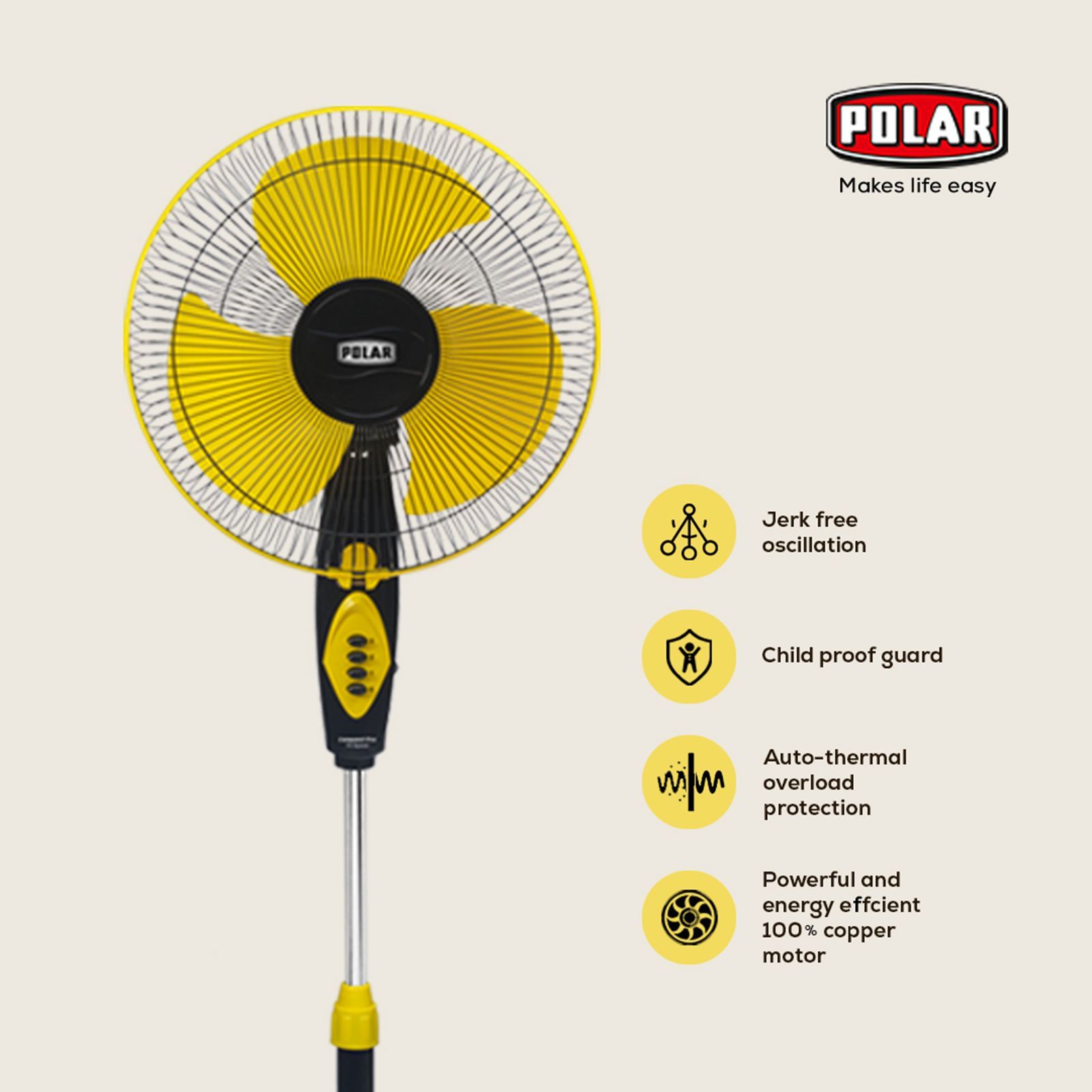 POLAR Conquest 1 Star 400mm 3 Blade Copper Motor Pedestal Fan (Auto Thermal Overload Protection, Yellow & Black) POLAR Conquest 1 Star 400mm 3 Blade Copper Motor Pedestal Fan (Auto Thermal Overload Protection, Yellow & Black)_8