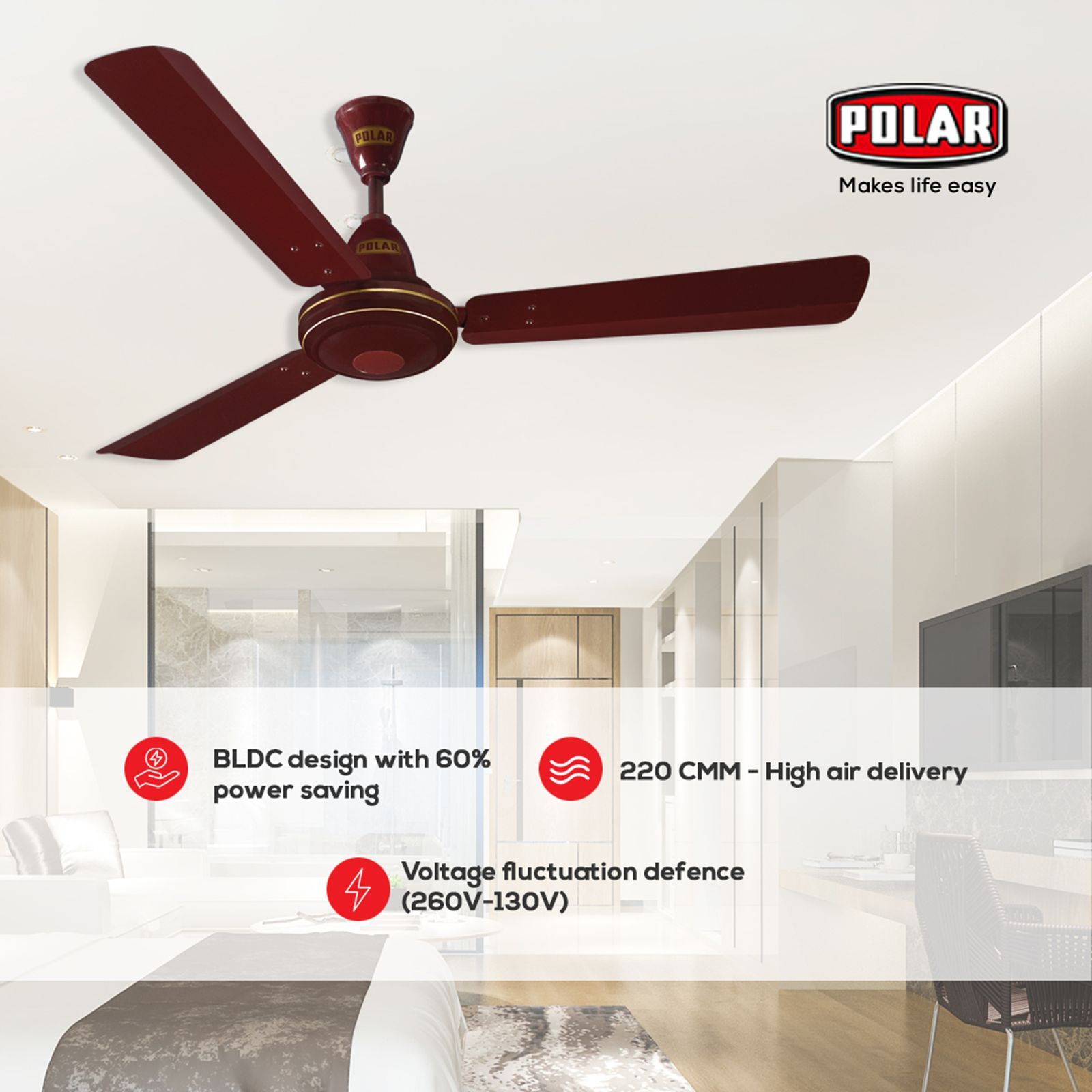 POLAR PS-32 5 Star 1200mm 3 Blade BLDC Motor Ceiling Fan with Remote (Rust Resistant, Brown)_5