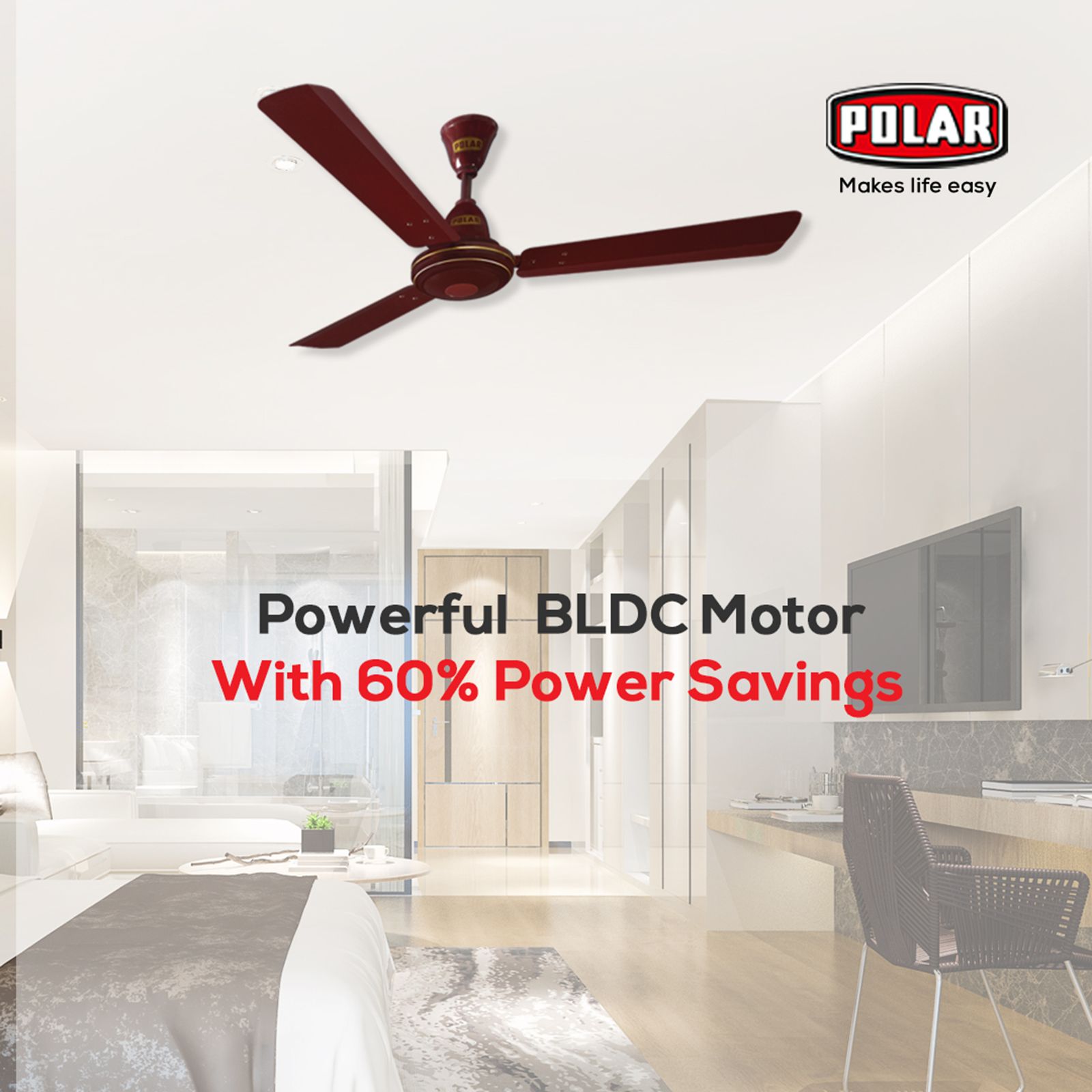 POLAR PS-32 5 Star 1200mm 3 Blade BLDC Motor Ceiling Fan with Remote (Rust Resistant, Brown)_6