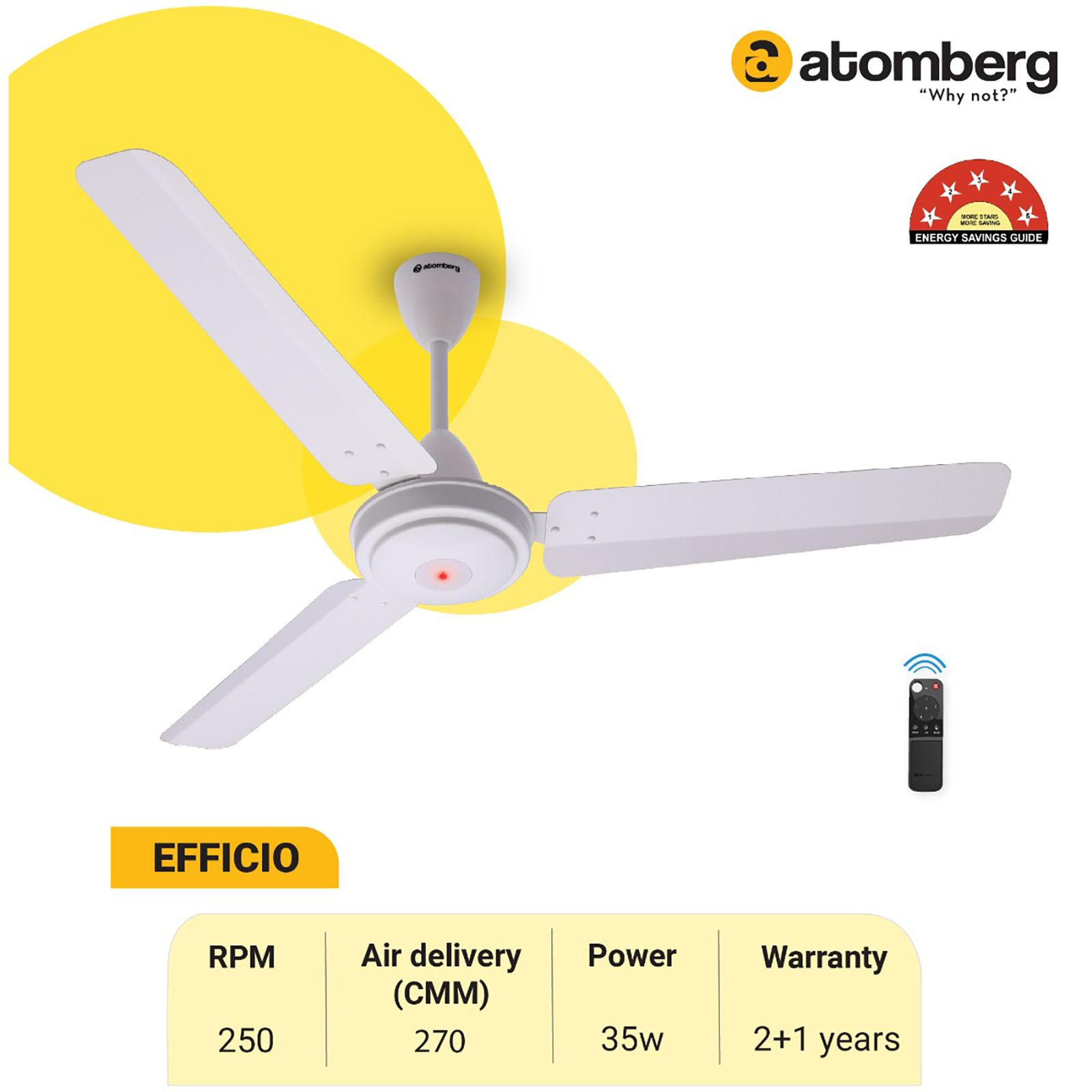 atomberg Efficio 5 Star 1400mm 3 Blade BLDC Motor Ceiling Fan with Remote (LED Indicator, White)_7