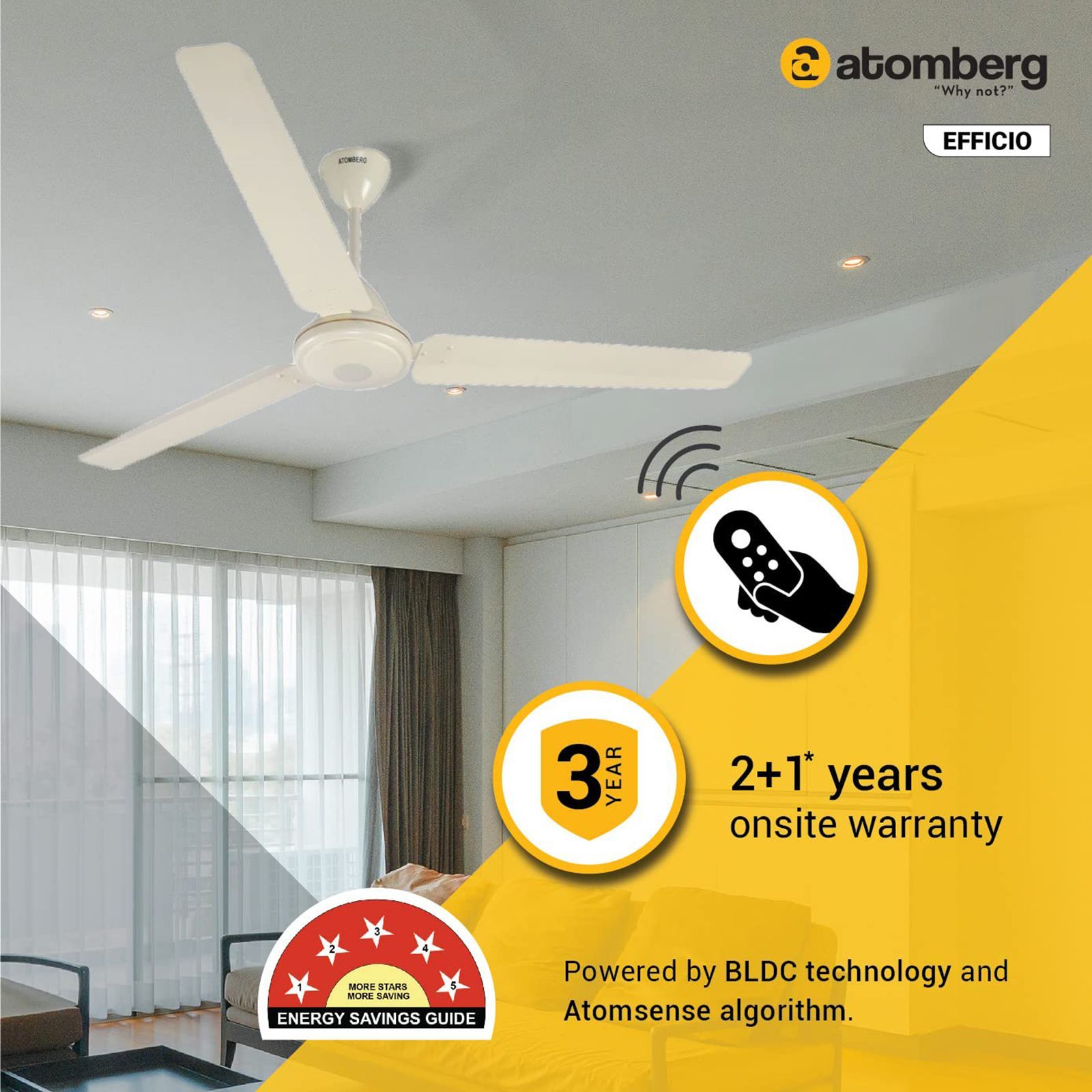 atomberg Efficio 5 Star 1400mm 3 Blade BLDC Motor Ceiling Fan with Remote (LED Indicator, Ivory)_16