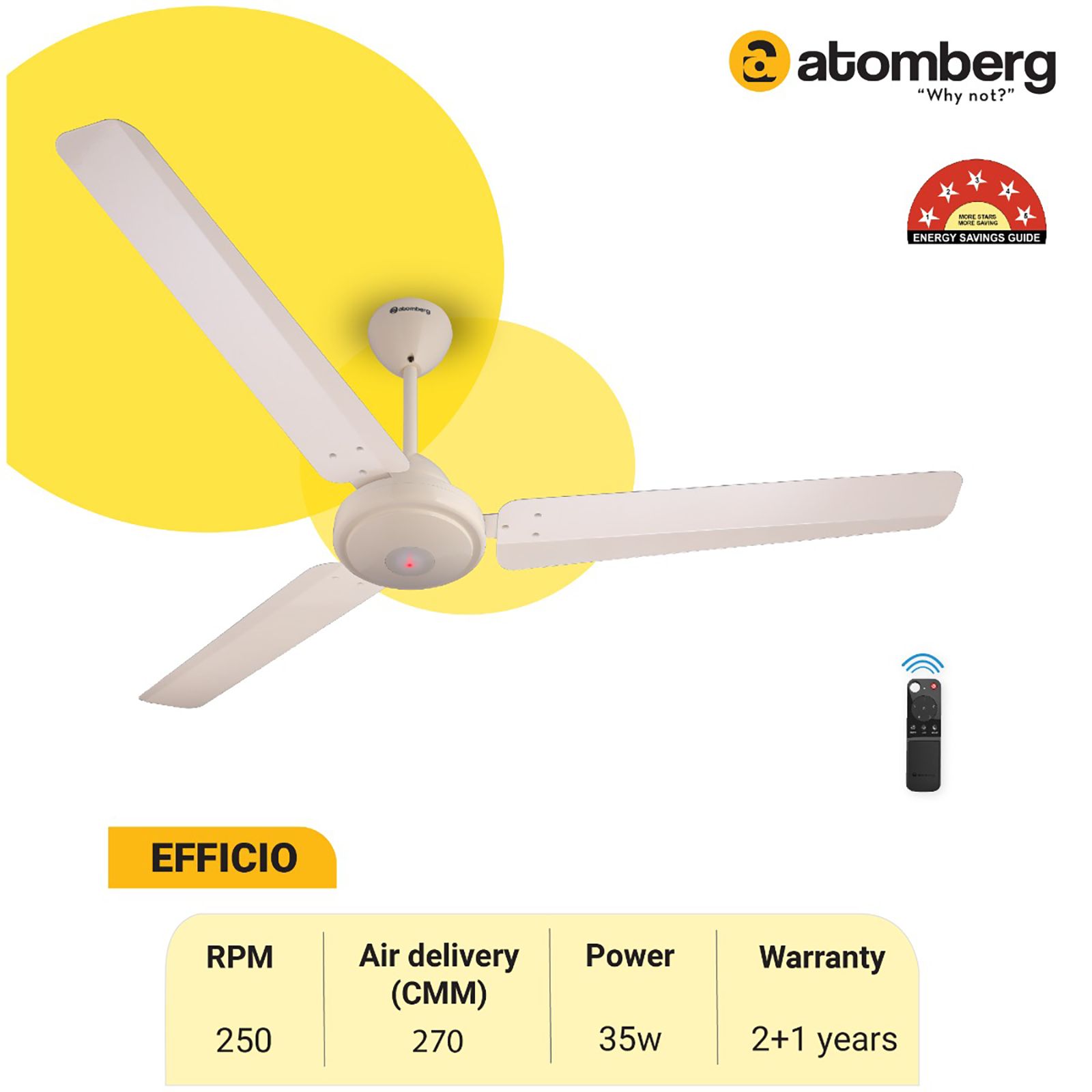 atomberg Efficio 5 Star 1400mm 3 Blade BLDC Motor Ceiling Fan with Remote (LED Indicator, Ivory)_5