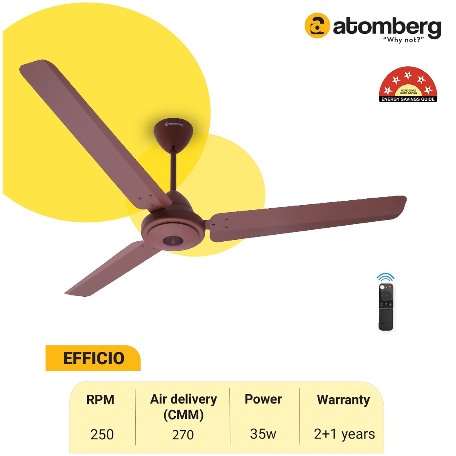 atomberg Efficio 5 Star 1400mm 3 Blade BLDC Motor Ceiling Fan with Remote (LED Indicator, Matt Brown)_7