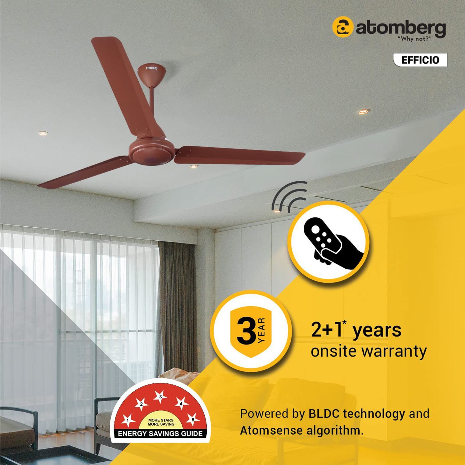 atomberg Efficio 5 Star 1400mm 3 Blade BLDC Motor Ceiling Fan with Remote (LED Indicator, Matt Brown)_15
