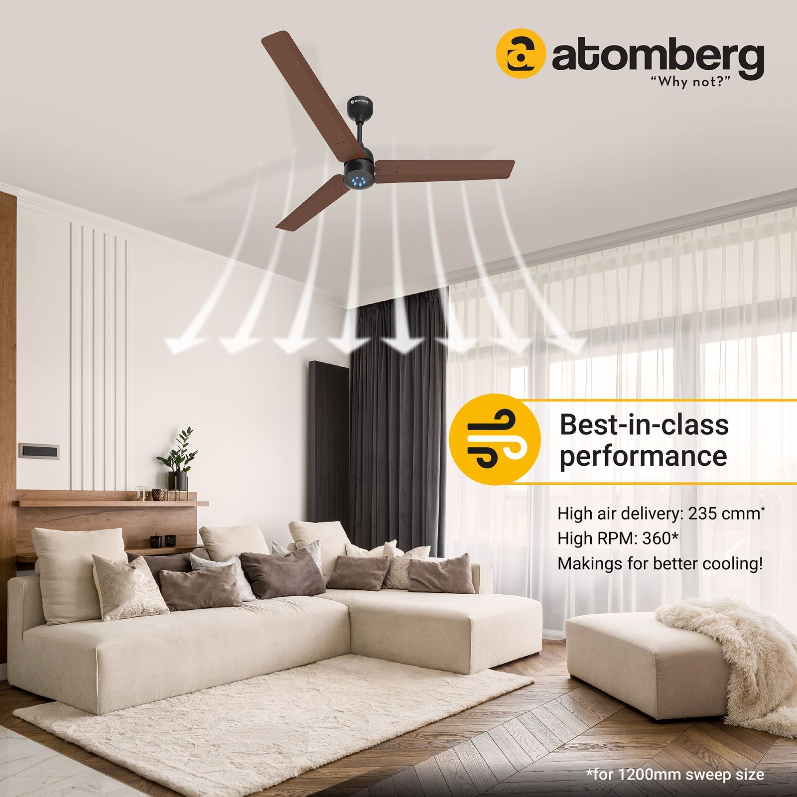 atomberg Renesa 5 Star 1200mm 3 Blade BLDC Motor Ceiling Fan with Remote (LED Speed Indicator, Matte Brown)_7