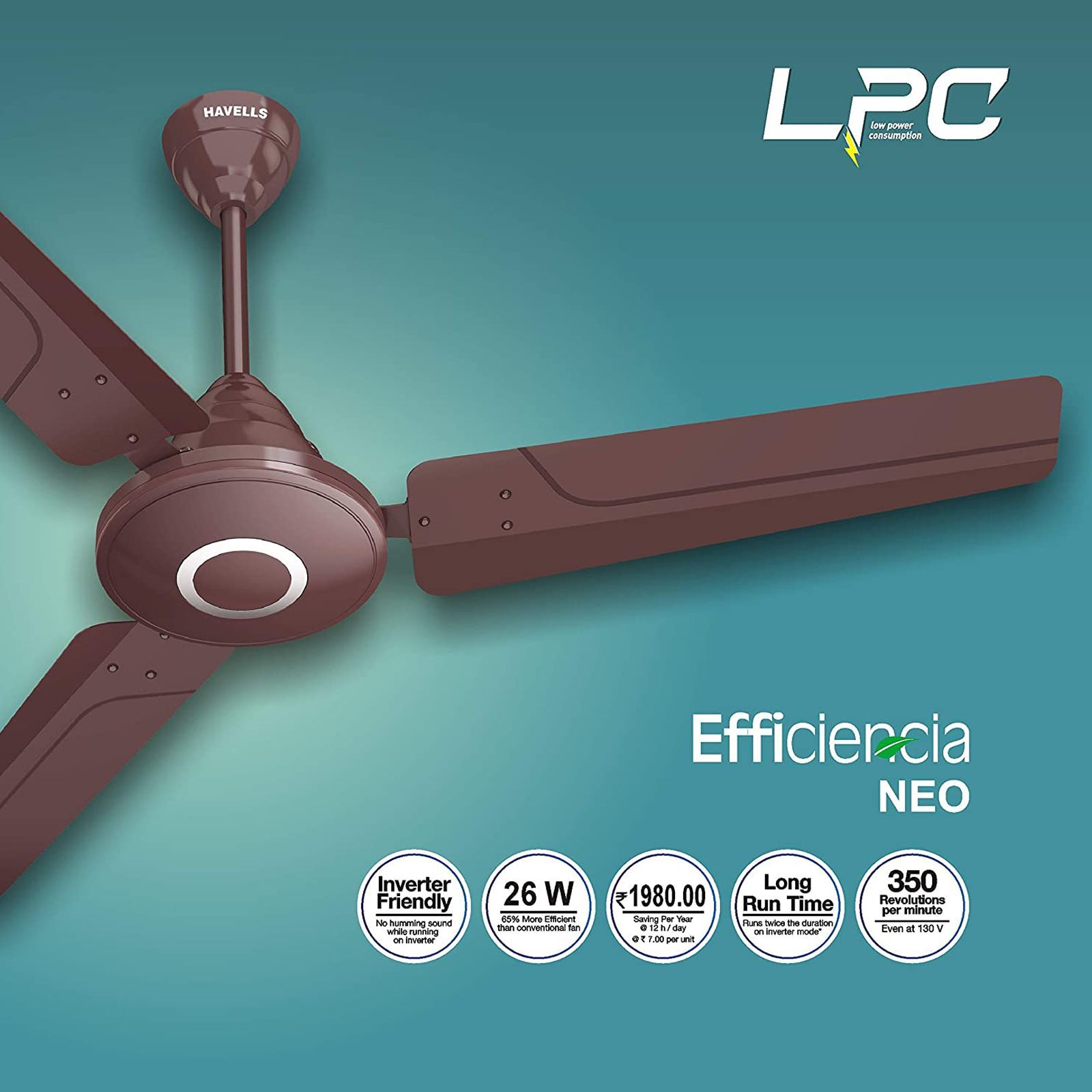 HAVELLS Efficiencia Neo 5 Star 1200mm 3 Blade BLDC Motor Ceiling Fan with Remote (High Speed, Brown)_13