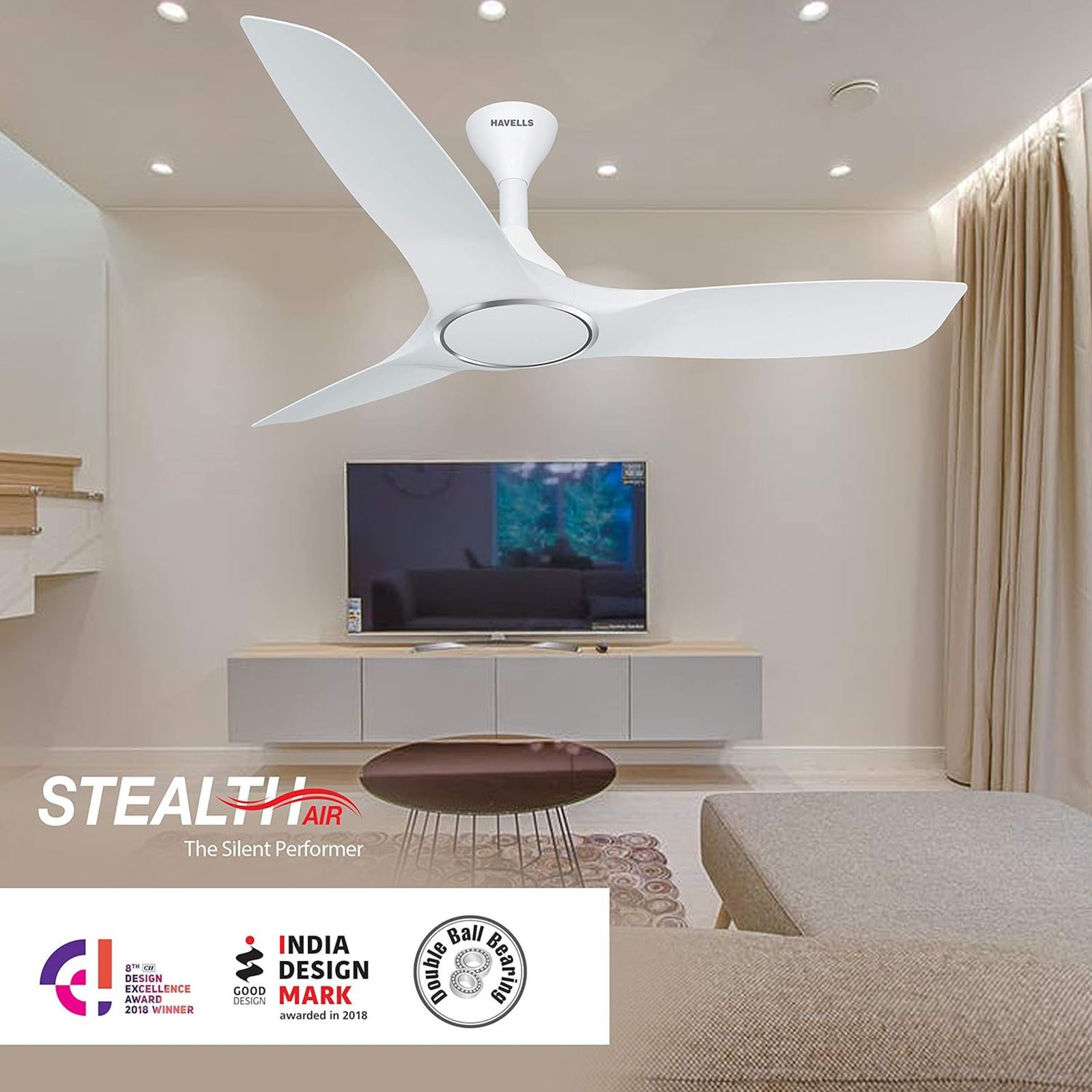 HAVELLS Stealth Air 1200mm 3 Blade Torque Motor Ceiling Fan (High Speed, Pearl White)_9