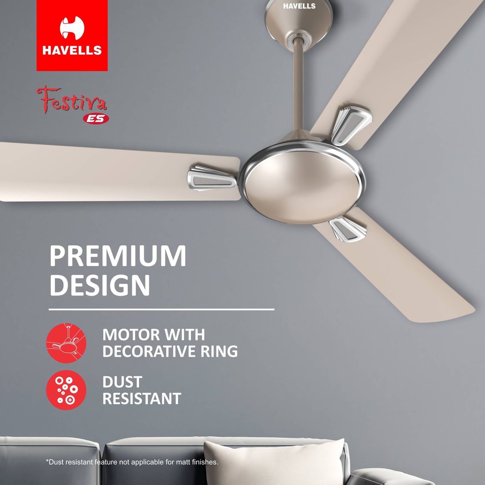 HAVELLS Festiva ES 1 Star 1200mm 3 Blade High Speed Ceiling Fan (Dust Resistant, Gold Mist)_8