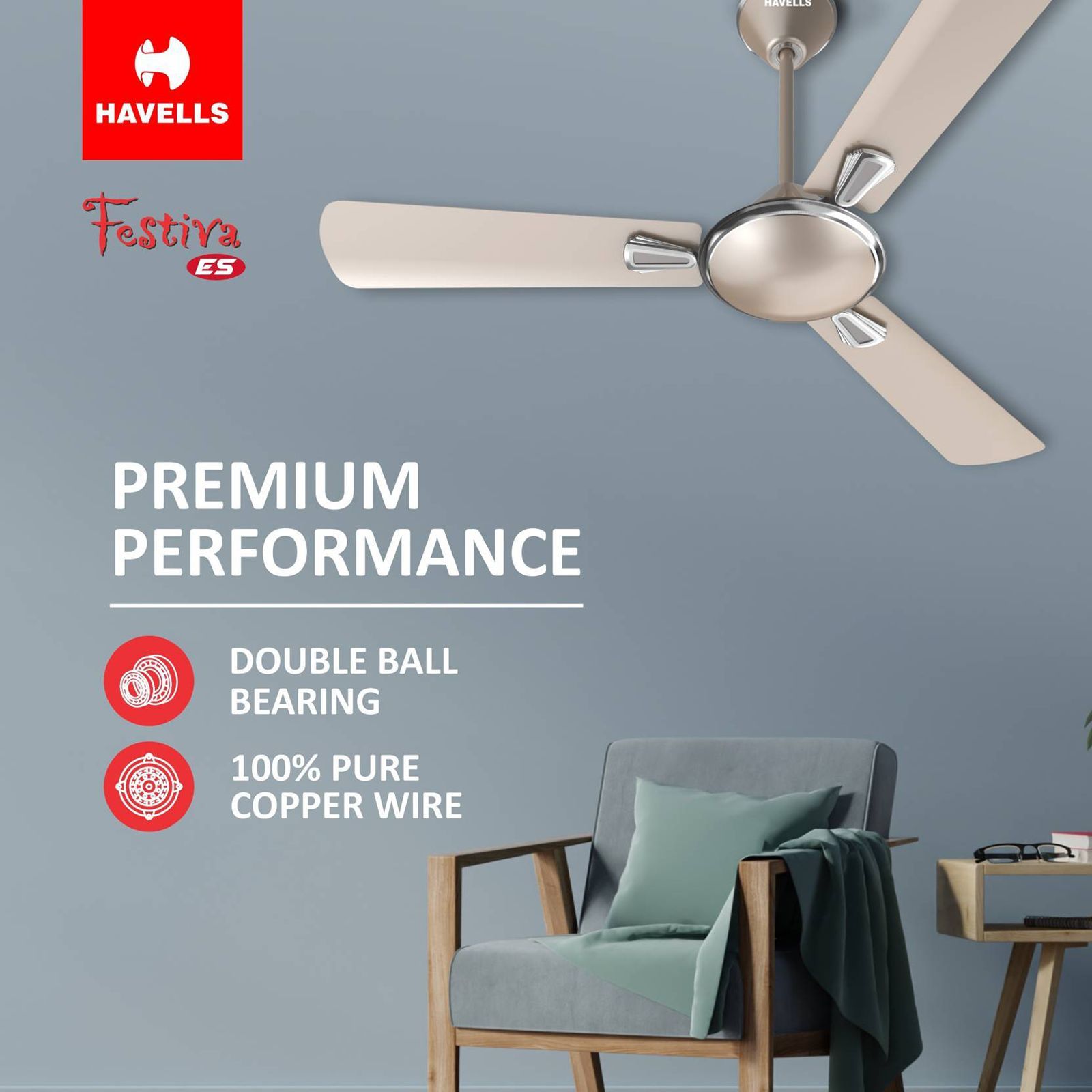 HAVELLS Festiva ES 1 Star 1200mm 3 Blade High Speed Ceiling Fan (Dust Resistant, Gold Mist)_5