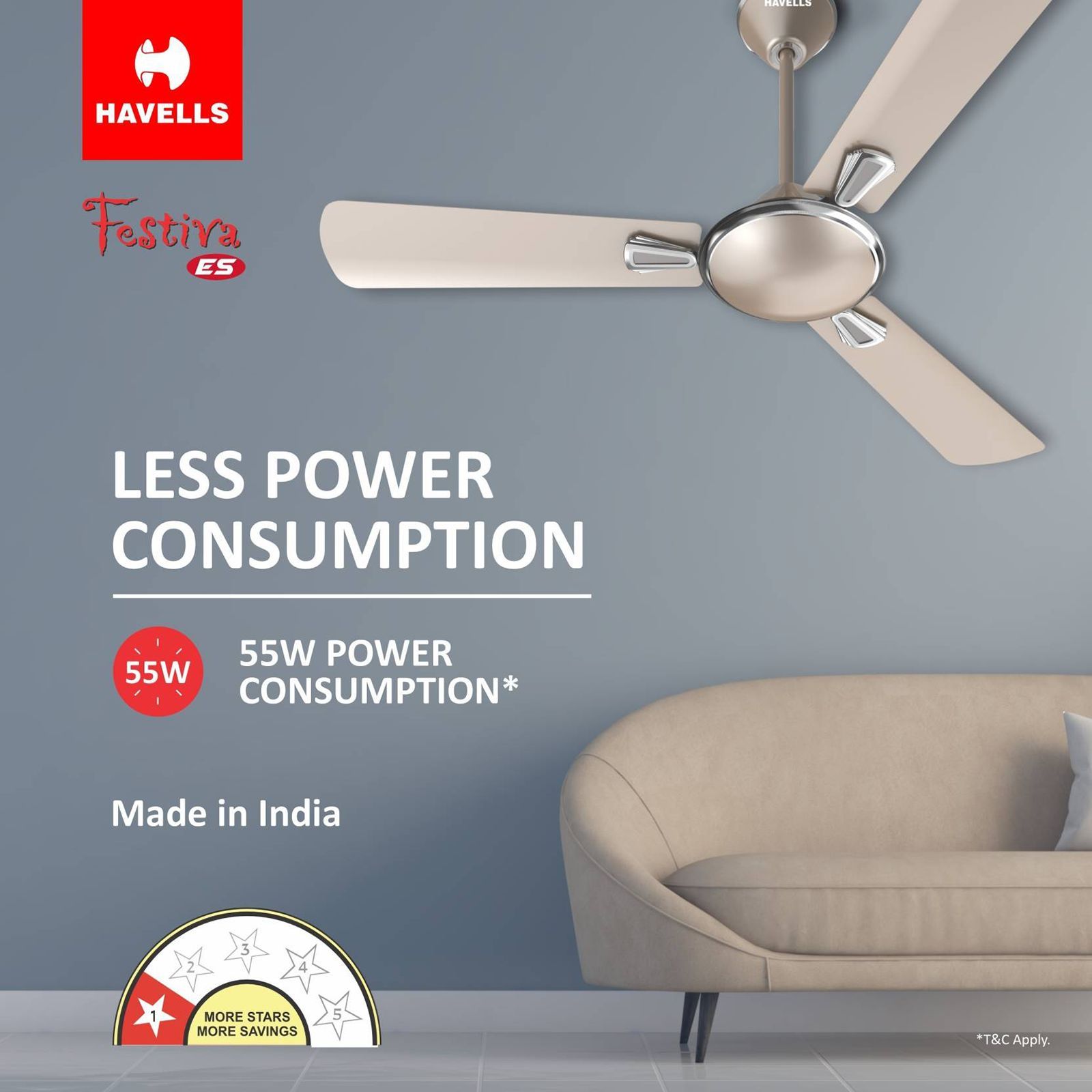 HAVELLS Festiva ES 1 Star 1200mm 3 Blade High Speed Ceiling Fan (Dust Resistant, Gold Mist)_6