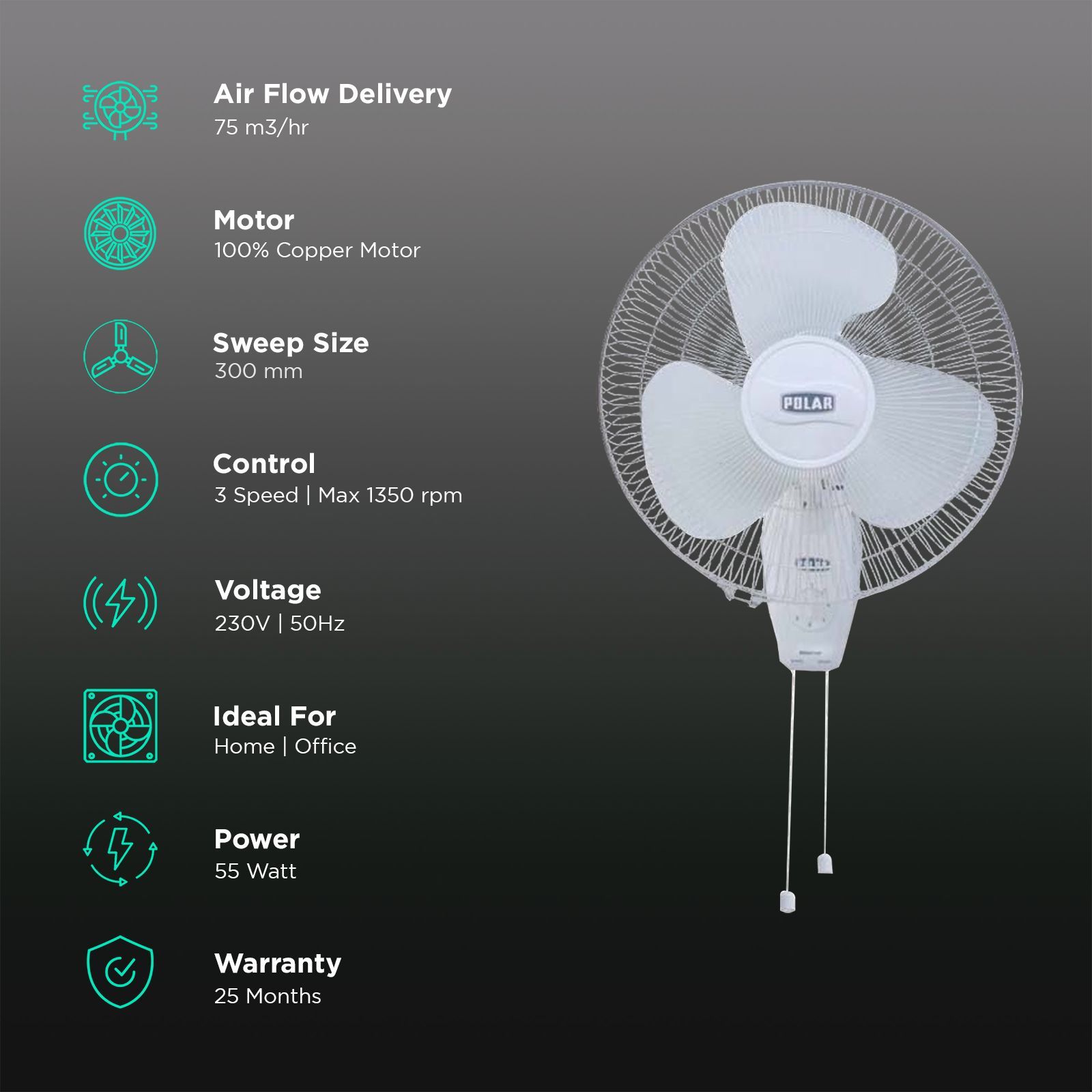 POLAR Annexer 300mm 3 Blade Thermal Overload Protector Wall Mounted Fan (Jerk Free Oscillation, White)_3