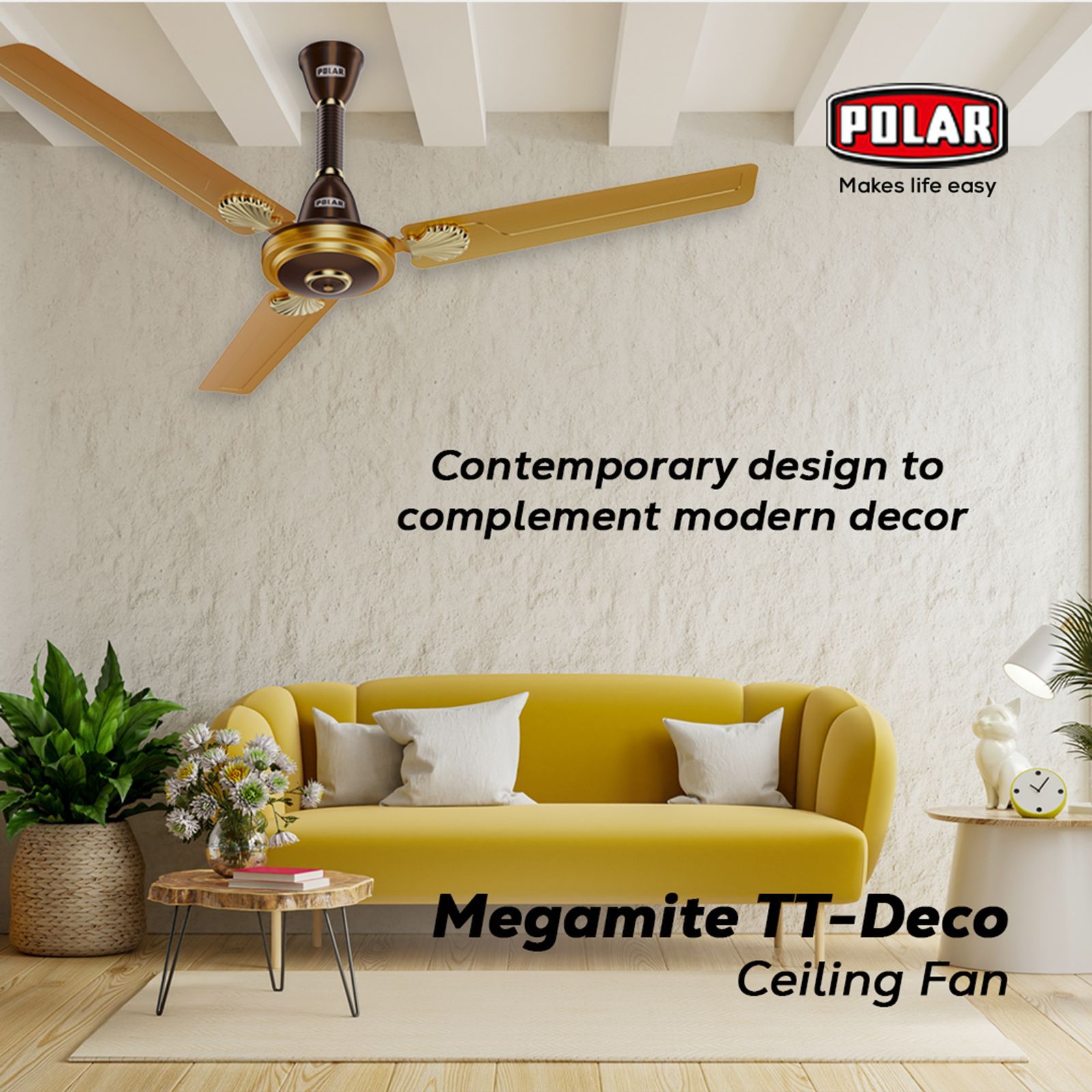POLAR Megamite TT Deco 1 Star 1200mm 3 Blade Copper Motor Ceiling Fan (Rust Resistant, Champagne)_8