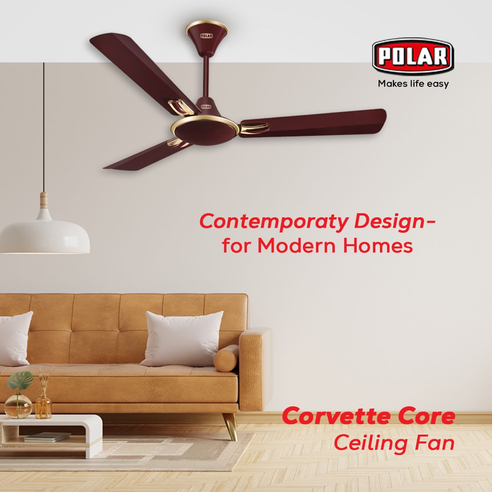 POLAR Corvette Core 1 Star 1200mm 3 Blade Noiseless Operation Ceiling Fan (Metallic Contrast Blade Trim, Brown)_7