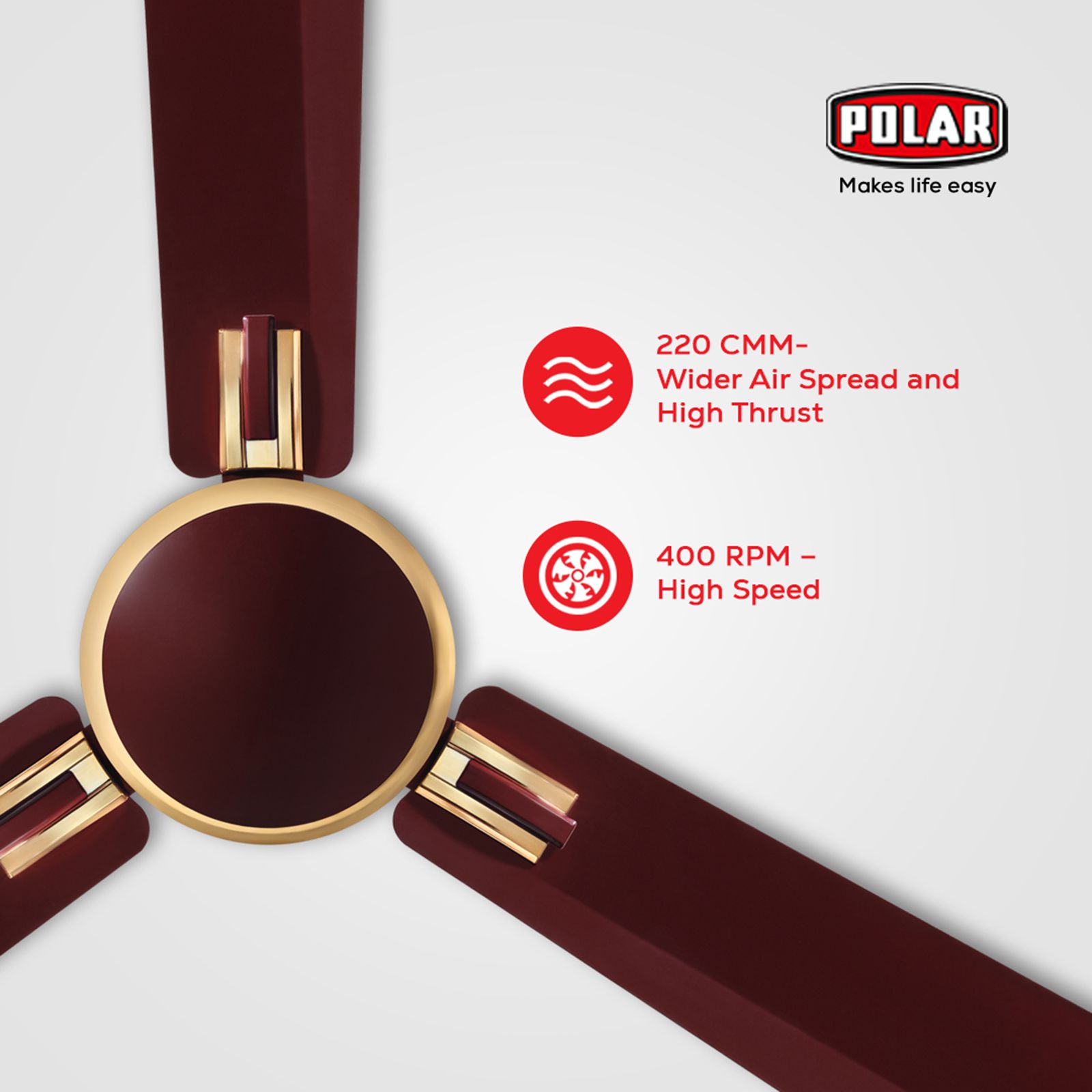 POLAR Corvette Core 1 Star 1200mm 3 Blade Noiseless Operation Ceiling Fan (Metallic Contrast Blade Trim, Brown)_9