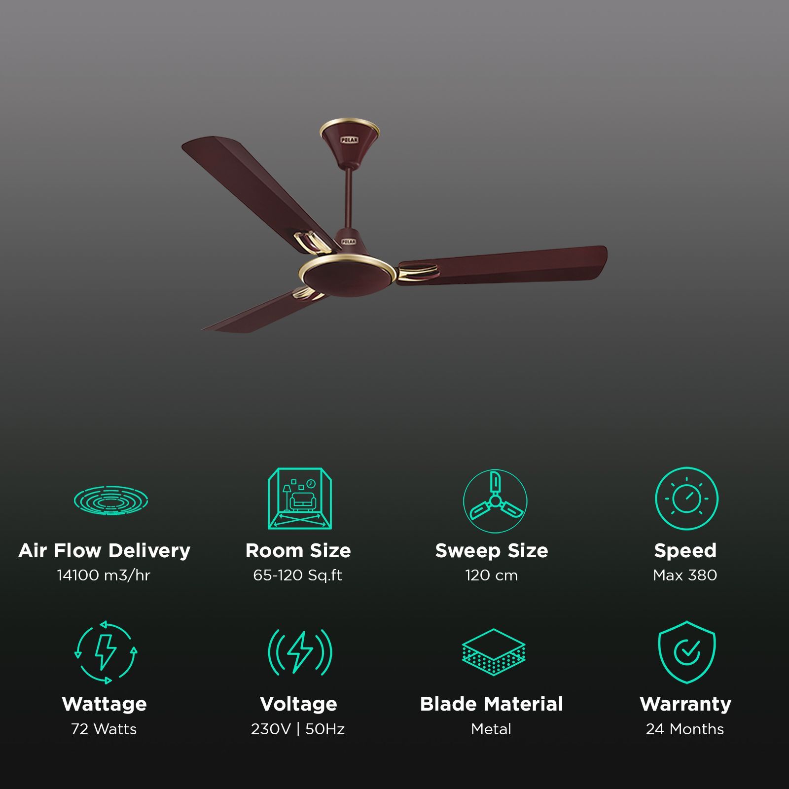 POLAR Corvette Core 1 Star 1200mm 3 Blade Noiseless Operation Ceiling Fan (Metallic Contrast Blade Trim, Brown)_3
